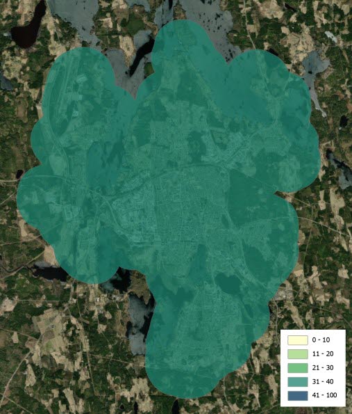 Exempel på skikt med en km buffert som visar 31 - 40% trädtäckning.