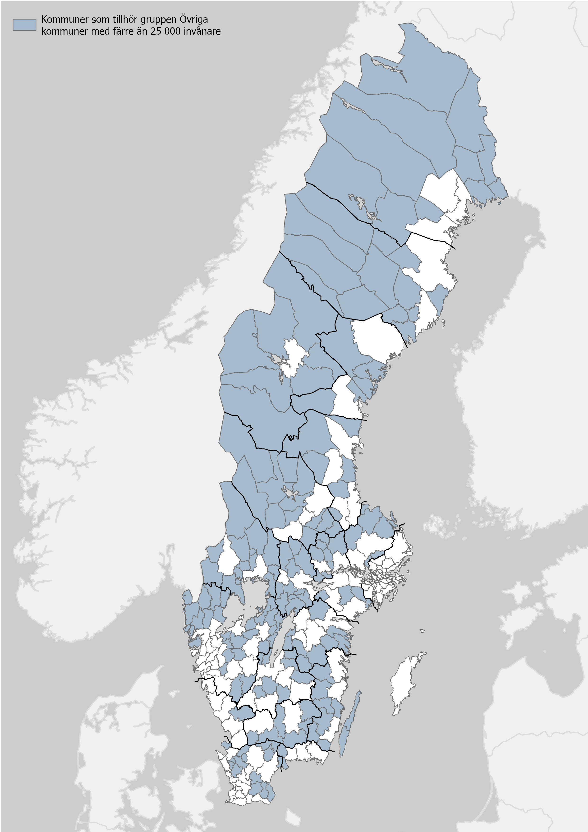 Sverigekarta som visar kommuner med färre än 25 000 invånare. 