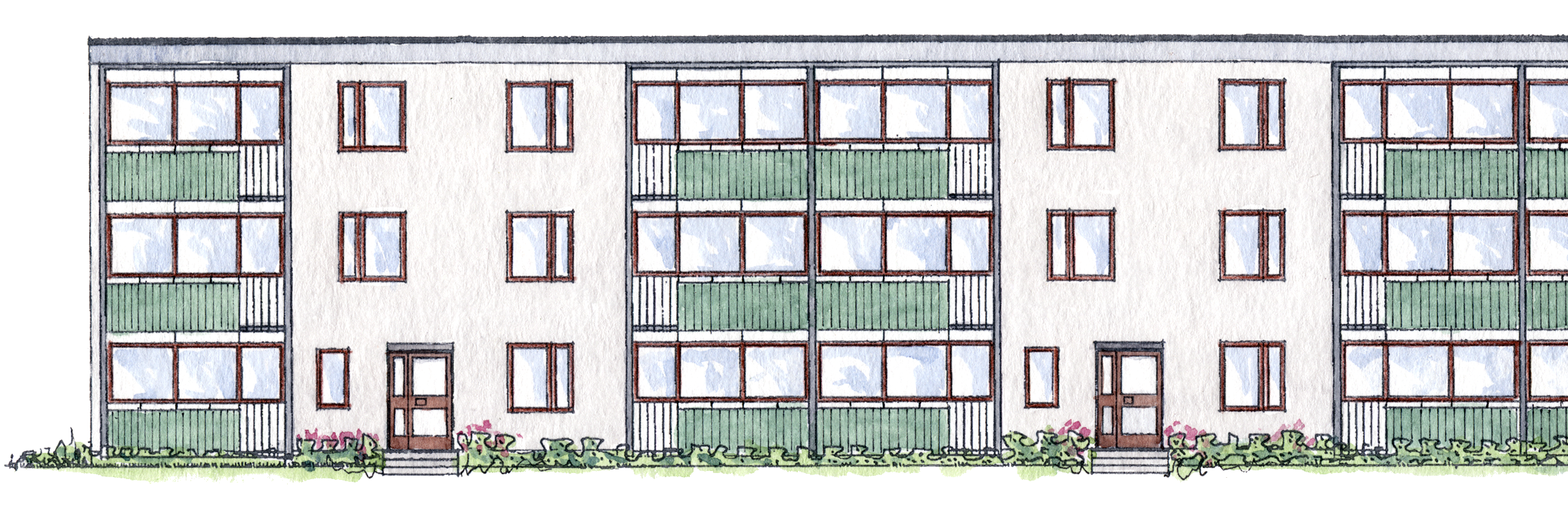 Illustrationen visar tidstypiska byggnadsdetaljer i ett flerbostadshus från 1960-talet.