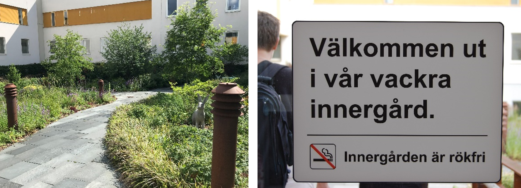 Foto på en stenlagd gång som går till en byggnad och en välkomstskylt till en innegård. Innergården är rökfri.