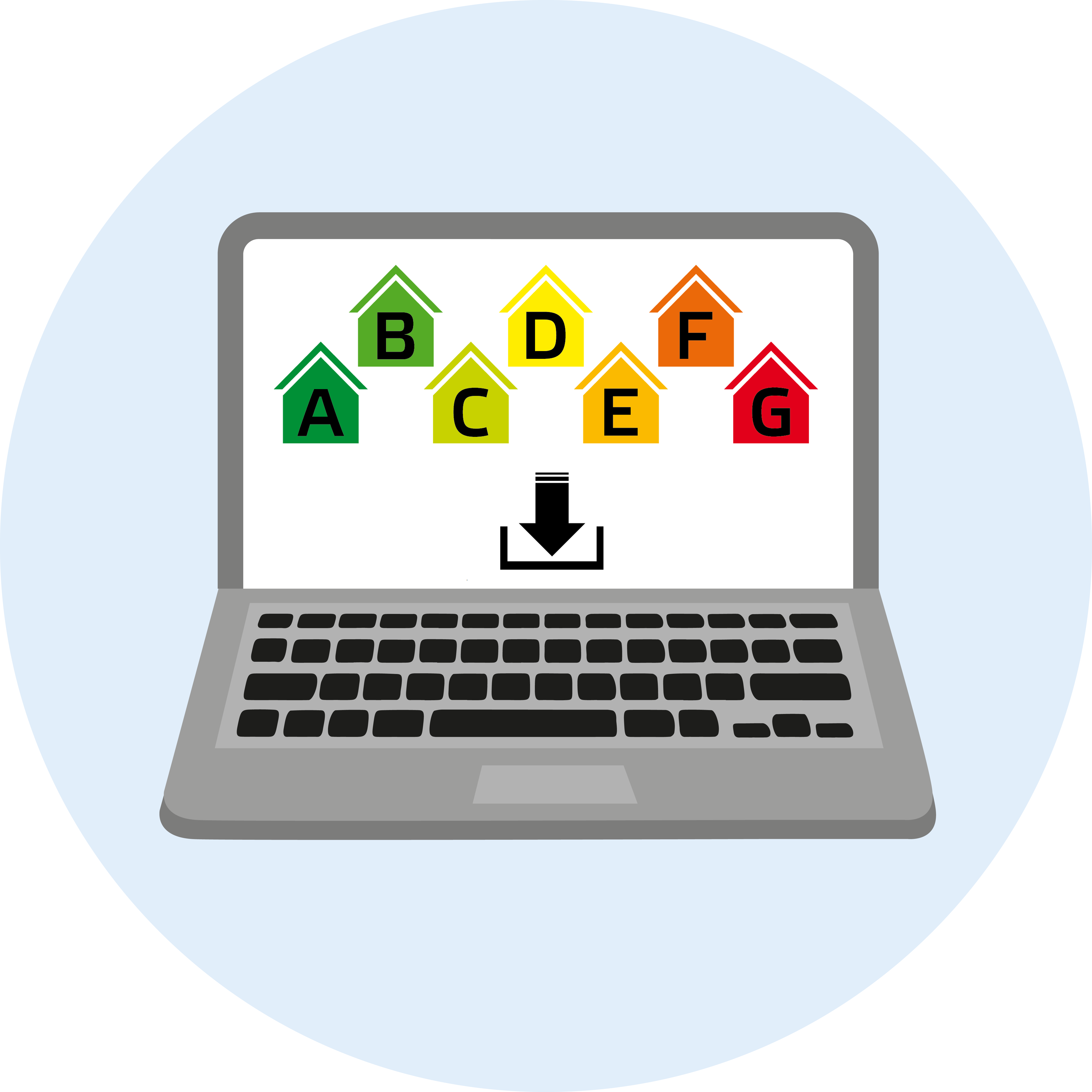 Dator med energiklassymboler i form av små hus på skärmen.