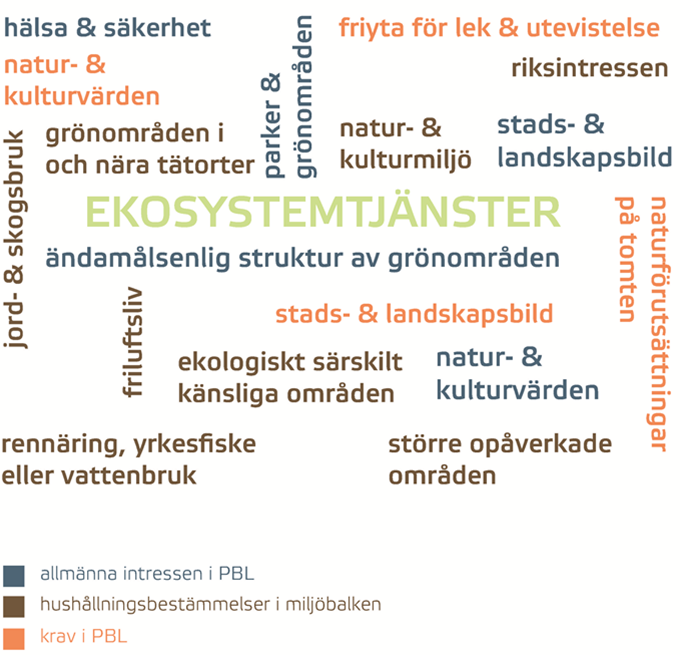 Ordmoln Ekosystemtjänster, parker, grönområden, friluftsliv, natur och kulturvärden, rennäring, vattenbruk med mera.