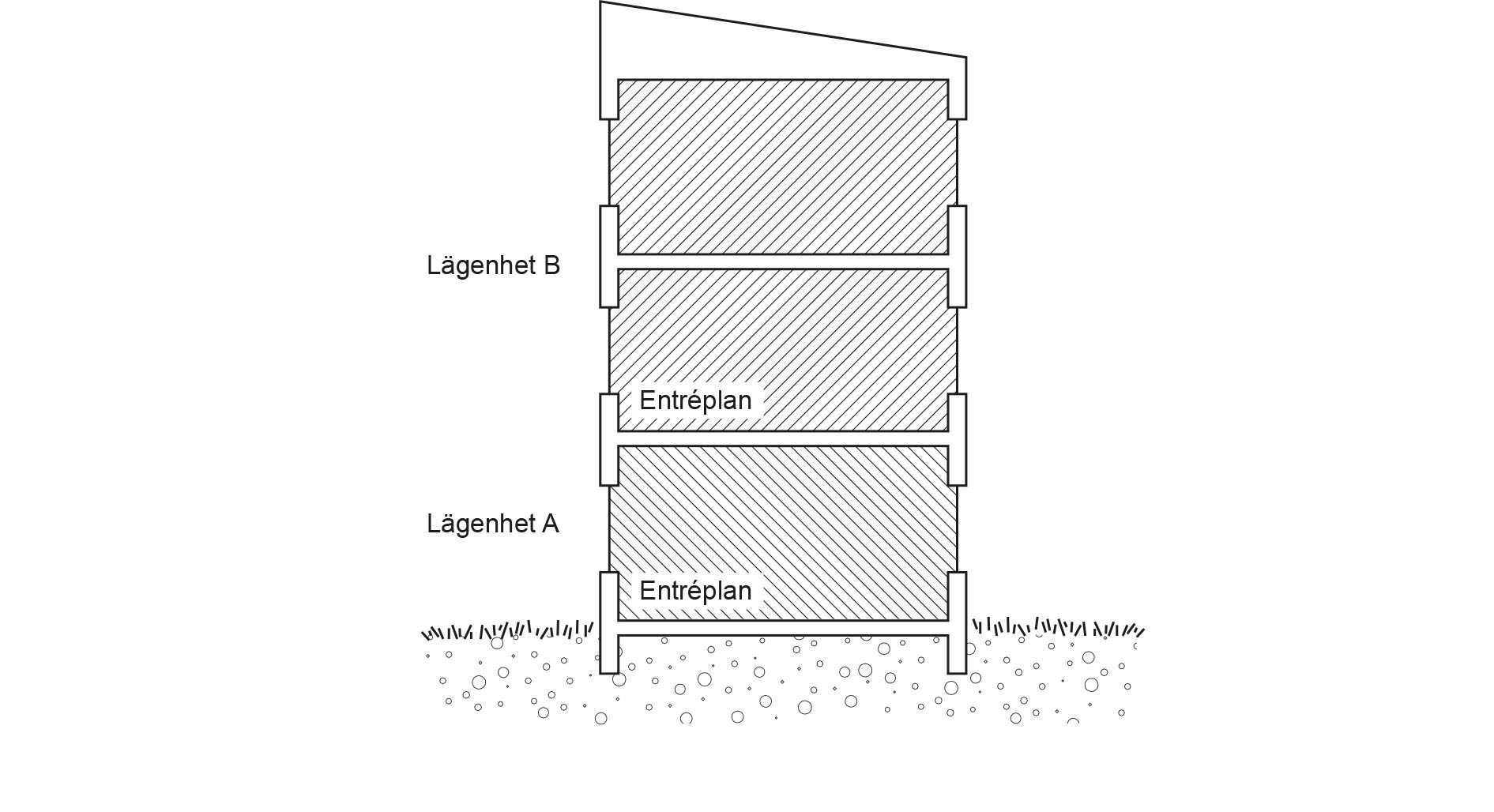 Illustration av bostadshus med tre våningar. 