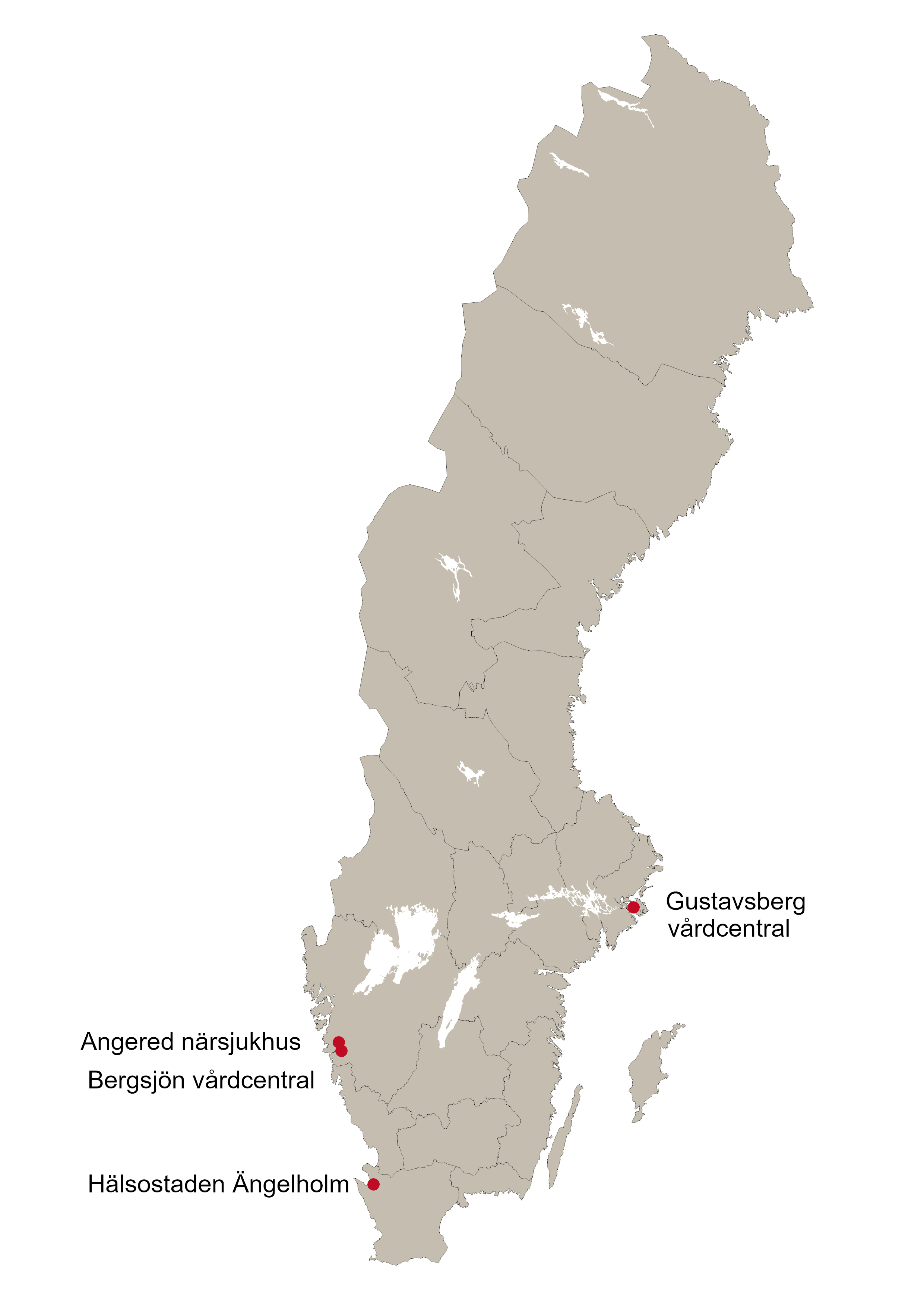 Karta över Sverige med markering för Angered, Bergsjön, Gustavsberg och Ängelholm.