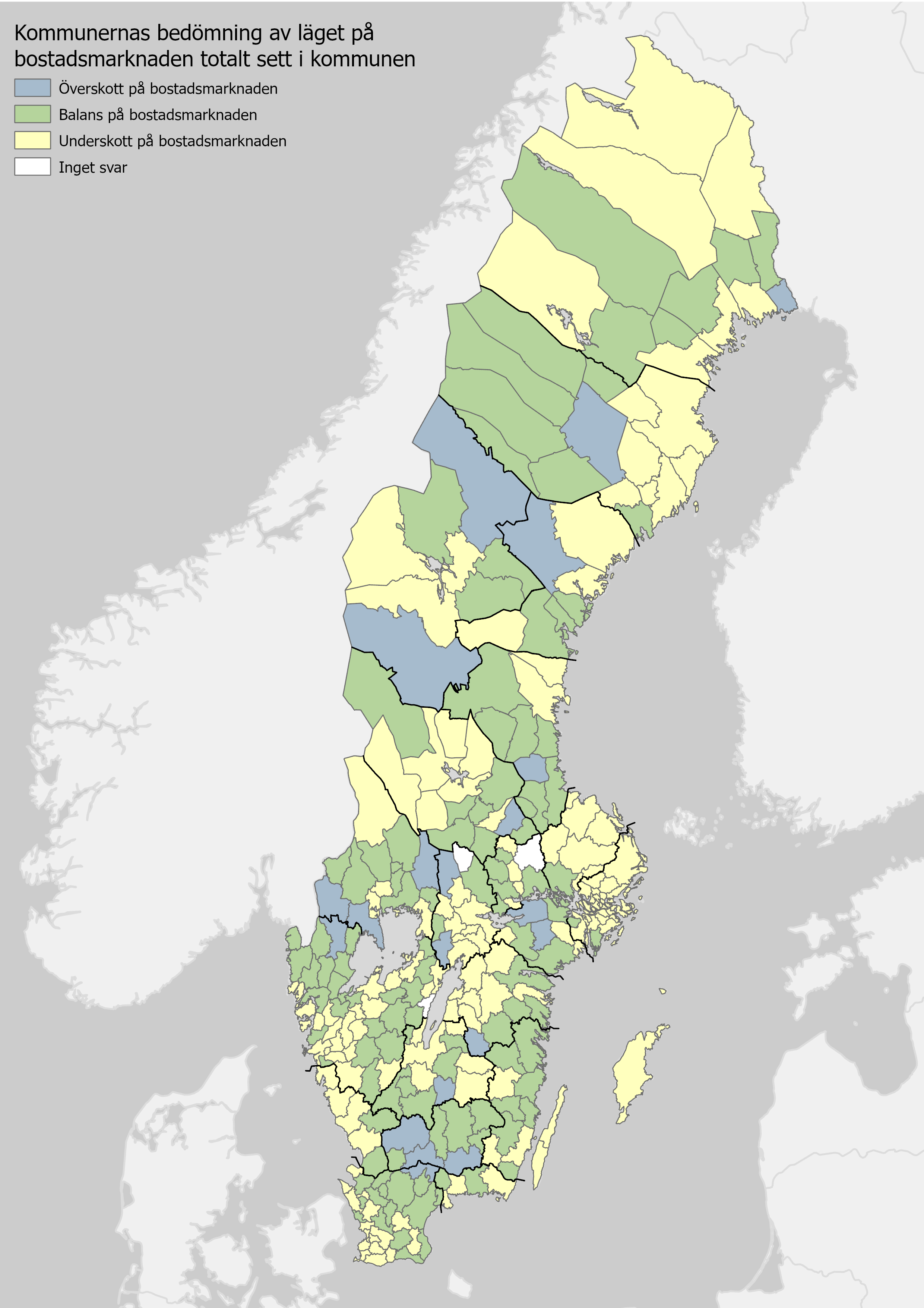 Karta över Sverige med samtliga kommuners bedömning av bostadsmarknaden. 