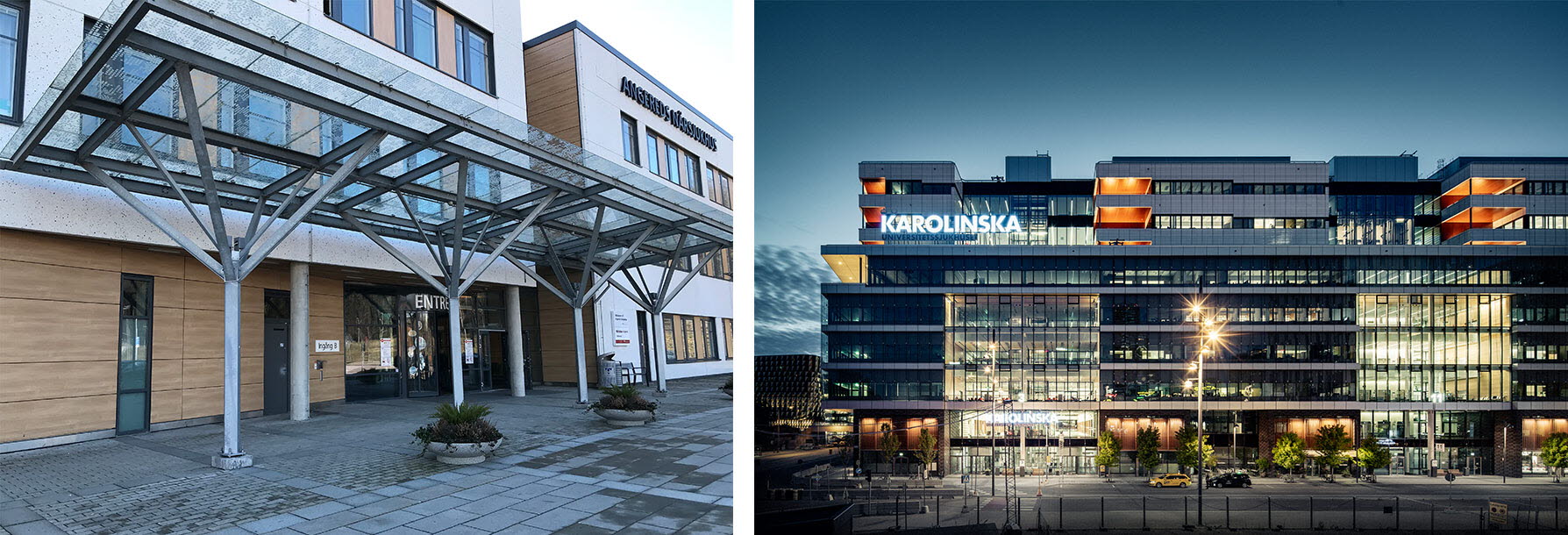 Två vårdinrättningars entréer. Angereds sjukhus och Nya Karolinska sjukhuset.