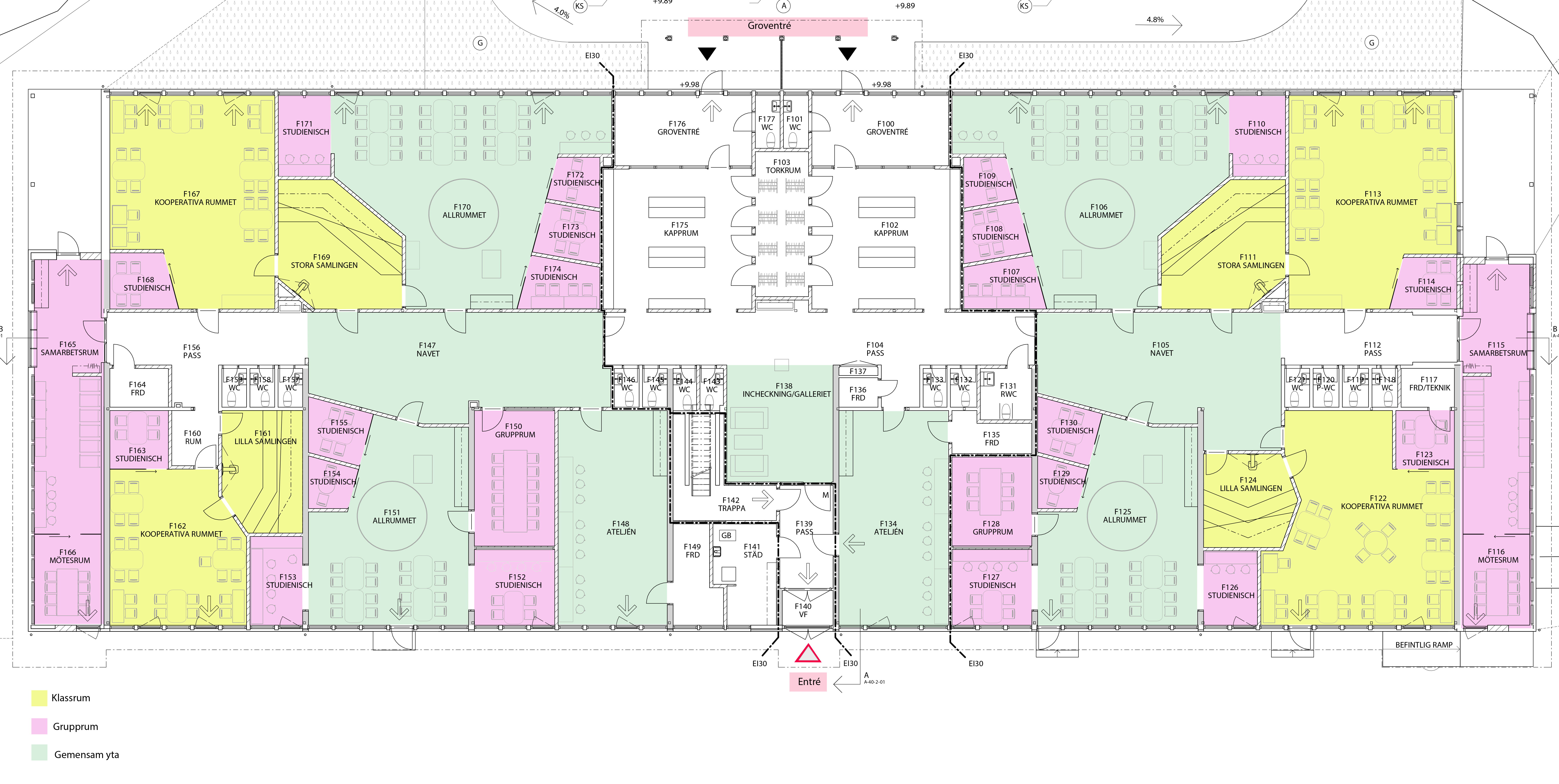 Ritning som visar klassrum, grupprum och gemensamhetsyta.