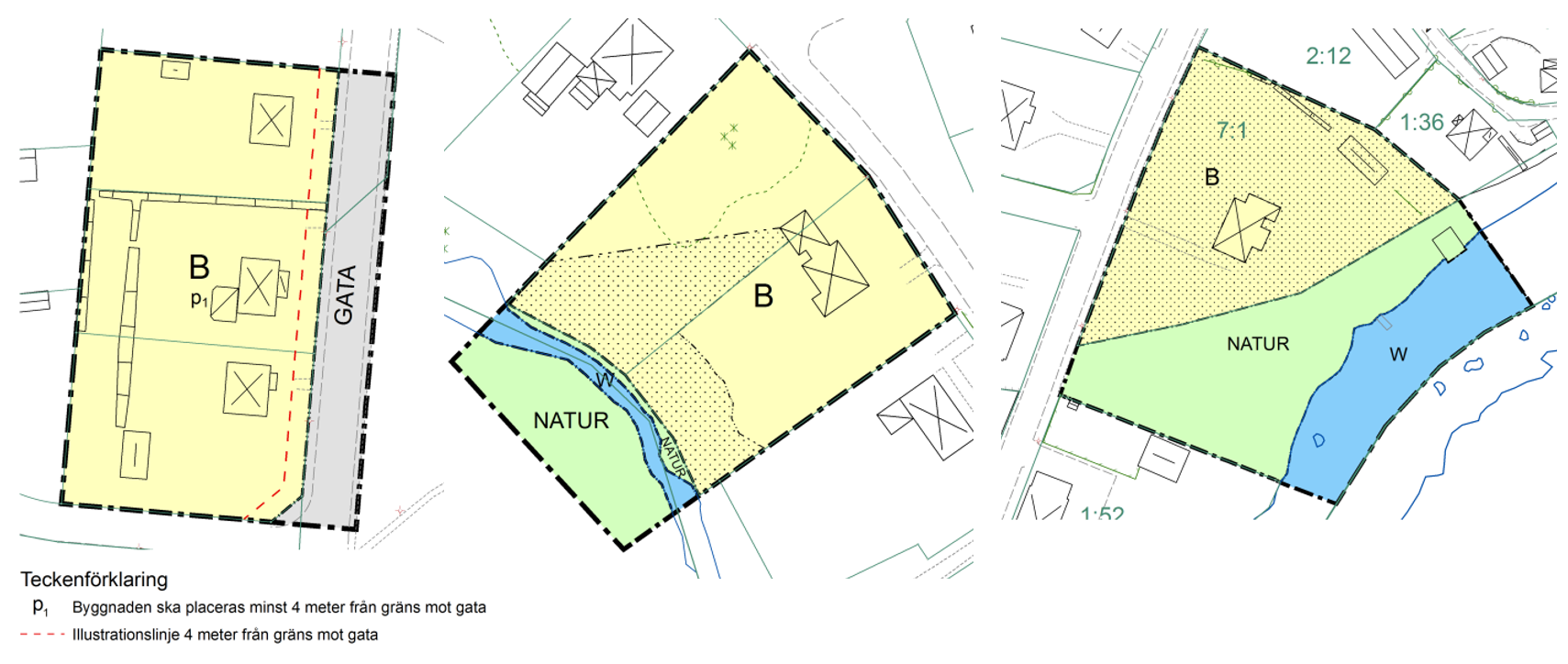 Tre detaljplaner som visar hur olika bestämmelser används.