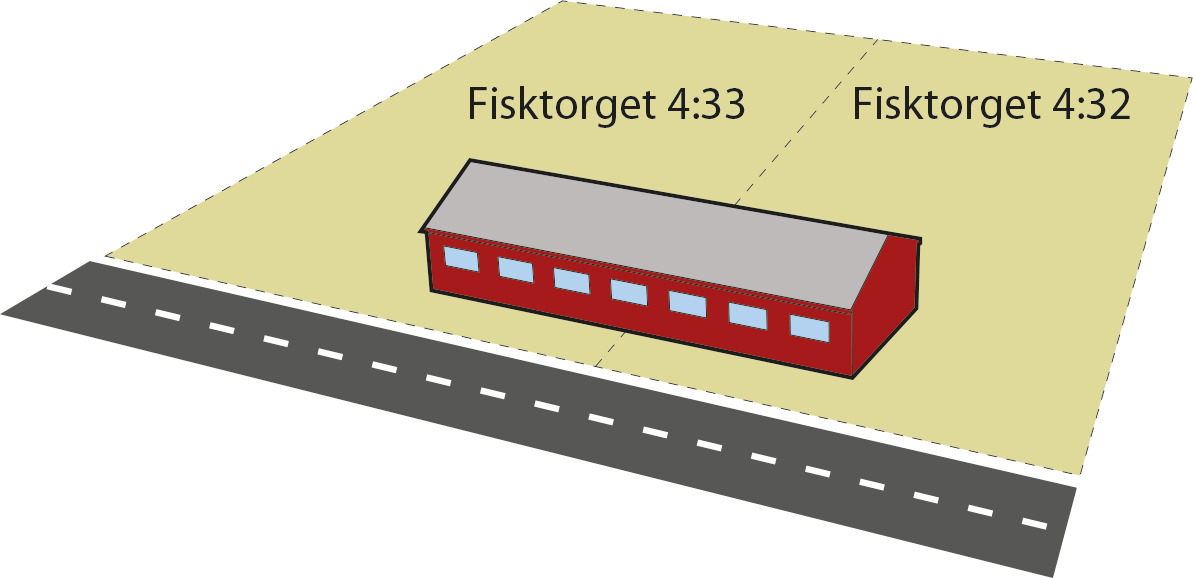 Illustration av en byggnad som är byggd på flera fastigheter.