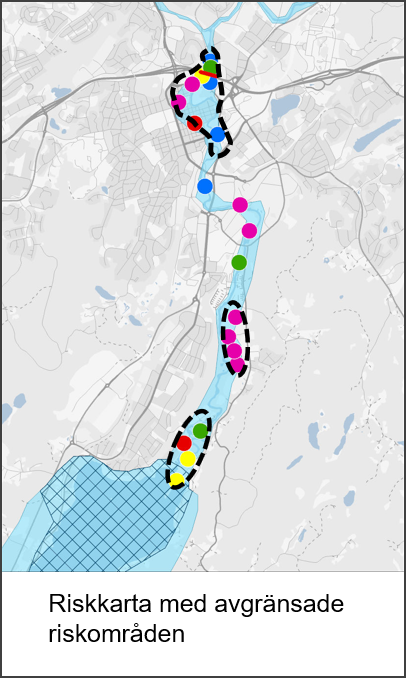 Exempel på riskkartadär tre områden med riskutsatta objekt har avgränsats. 