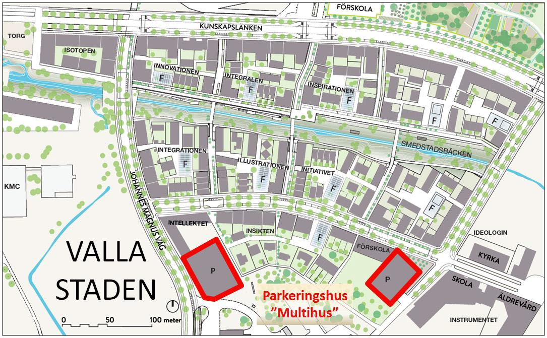 Parkeringshusens placering i Vallastaden.