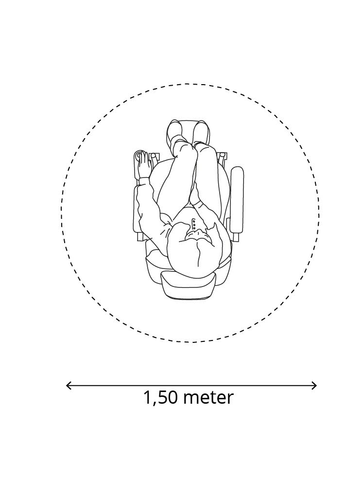 Illustration med person i rullstol uppifrån med en cirkel runt med måtten 1.5 m i diameter.