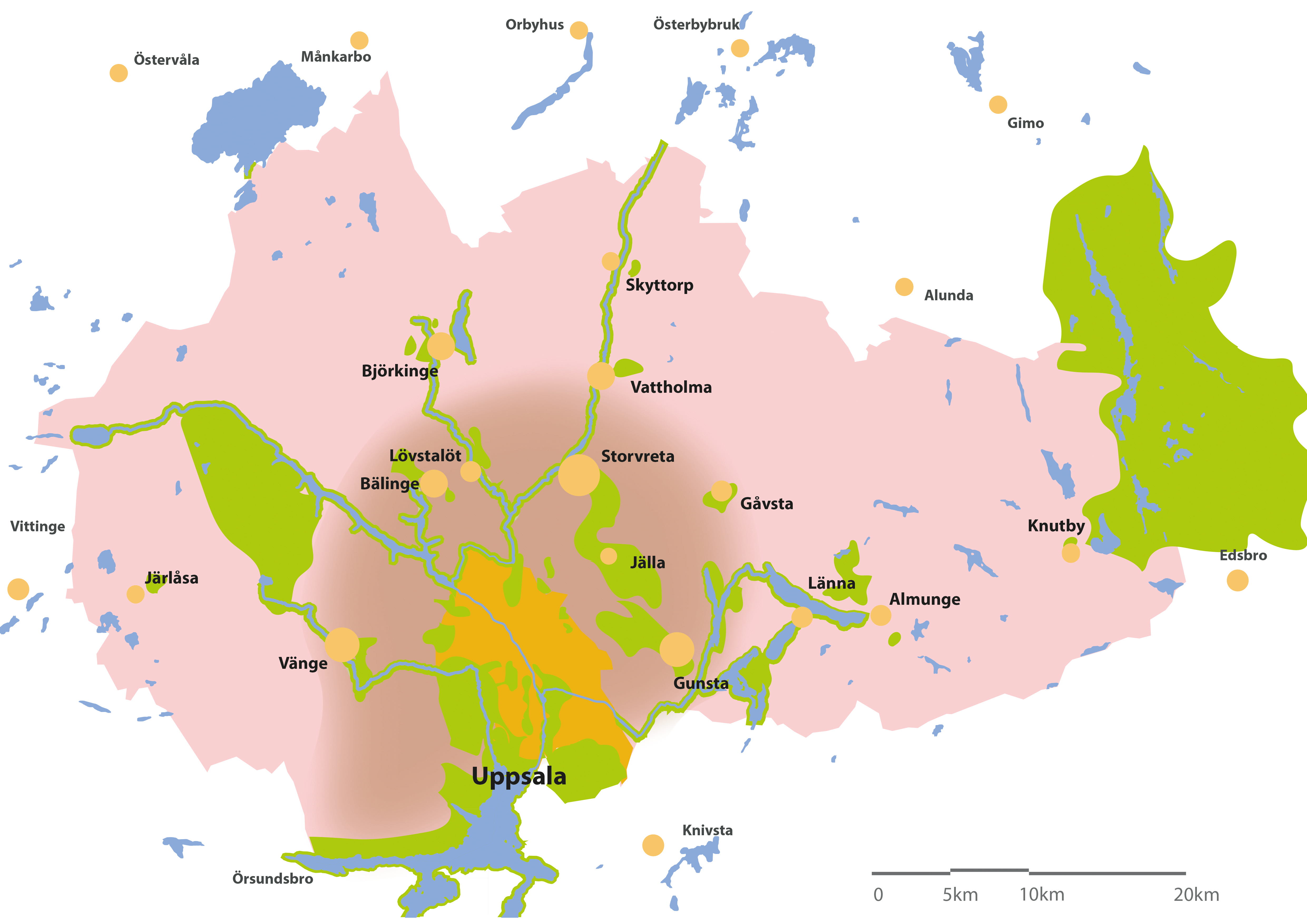 Karta över Uppsala kommun.