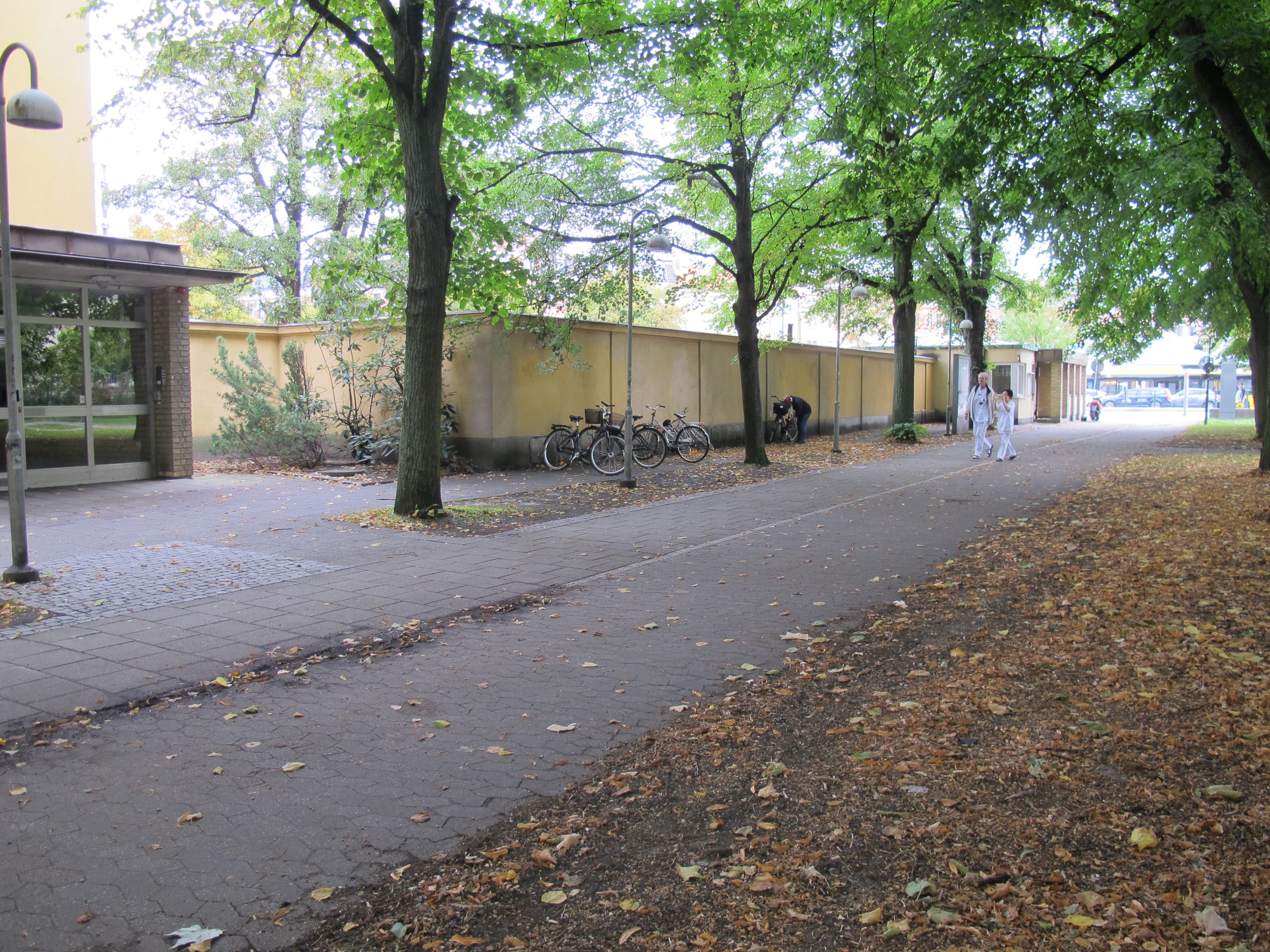 Foto på cykel- och gångväg kantat av träd och i bakgrunden en två meter hög gul putsad mur.