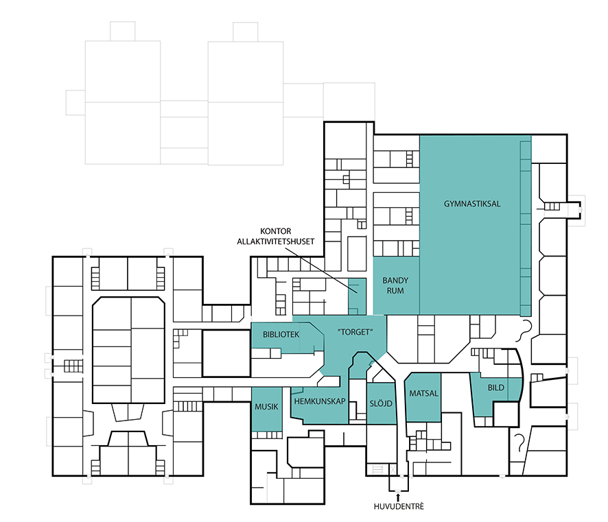 Ritning där allaktivitetshusets lokaler är färglagda.