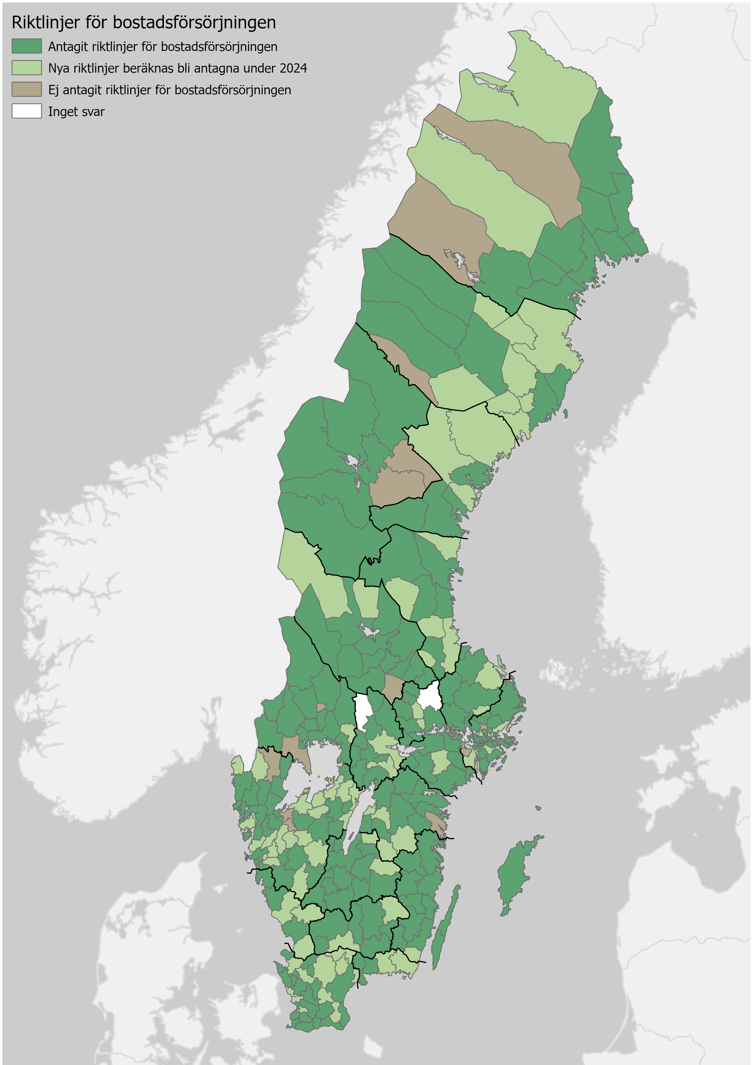 Karta över Sveriges kommuner som antagit riktlinjer för bostadsförsörjning.