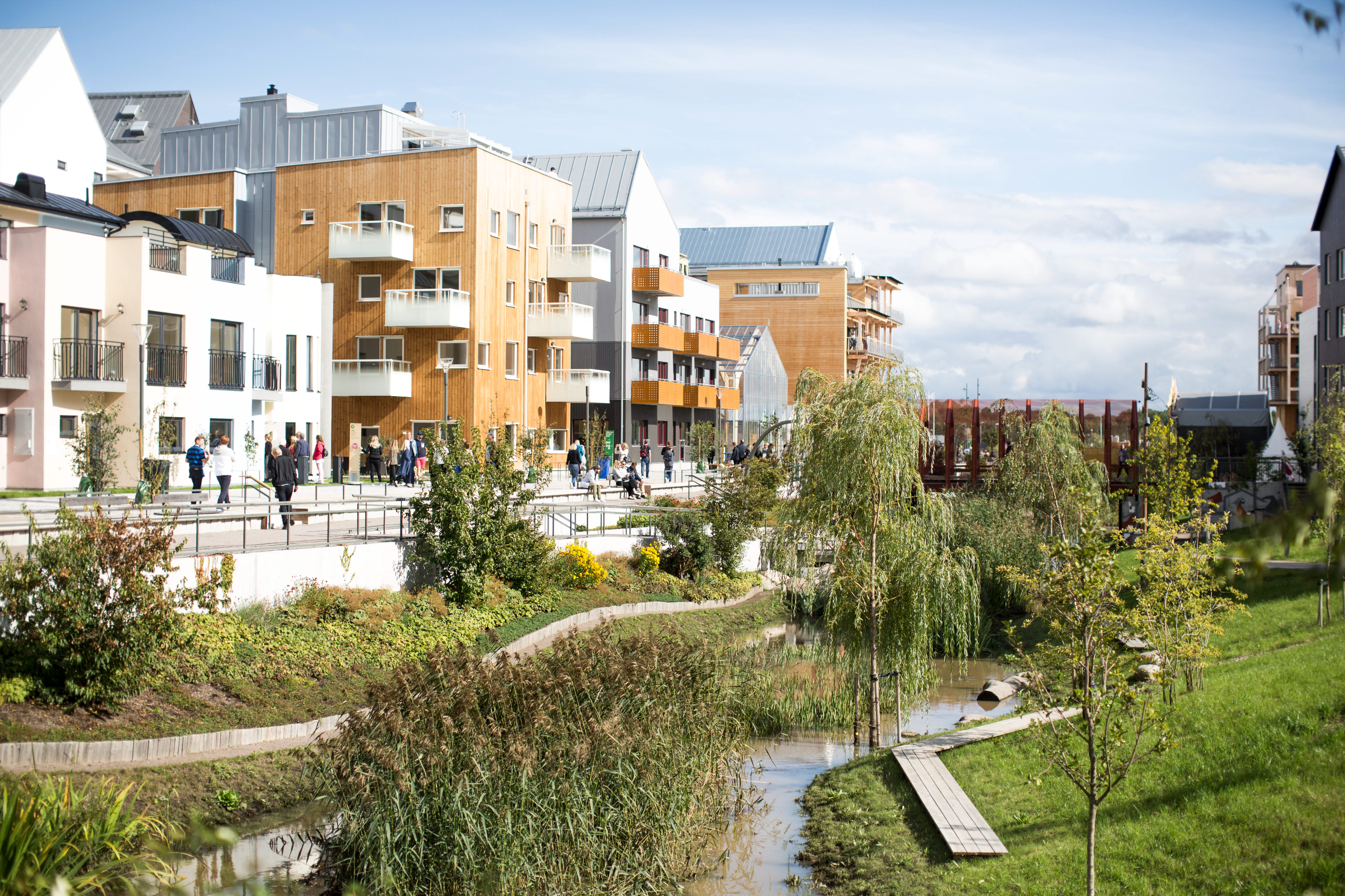 Dagvattenanläggning utmed ett vattendrag i stadsbebyggelse.