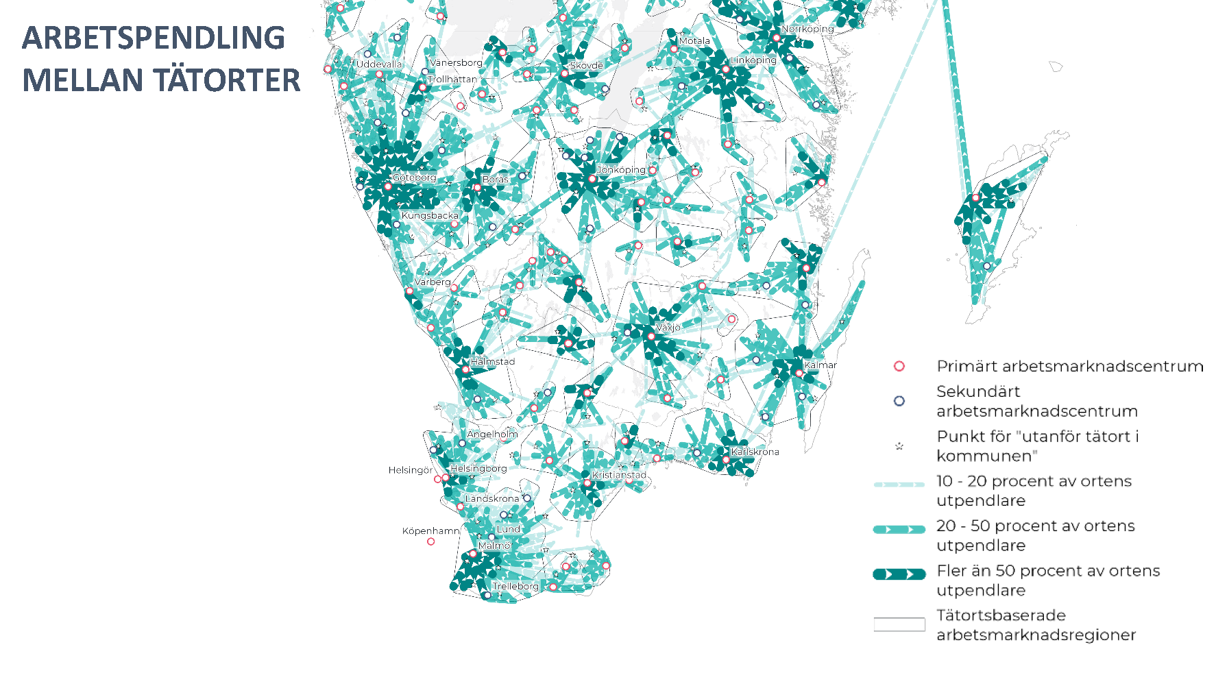 Karta över södra Sverige som med olika stora pilar visar hur pendlingen ser ut mellan olika arbetsmarknadscentrum. 