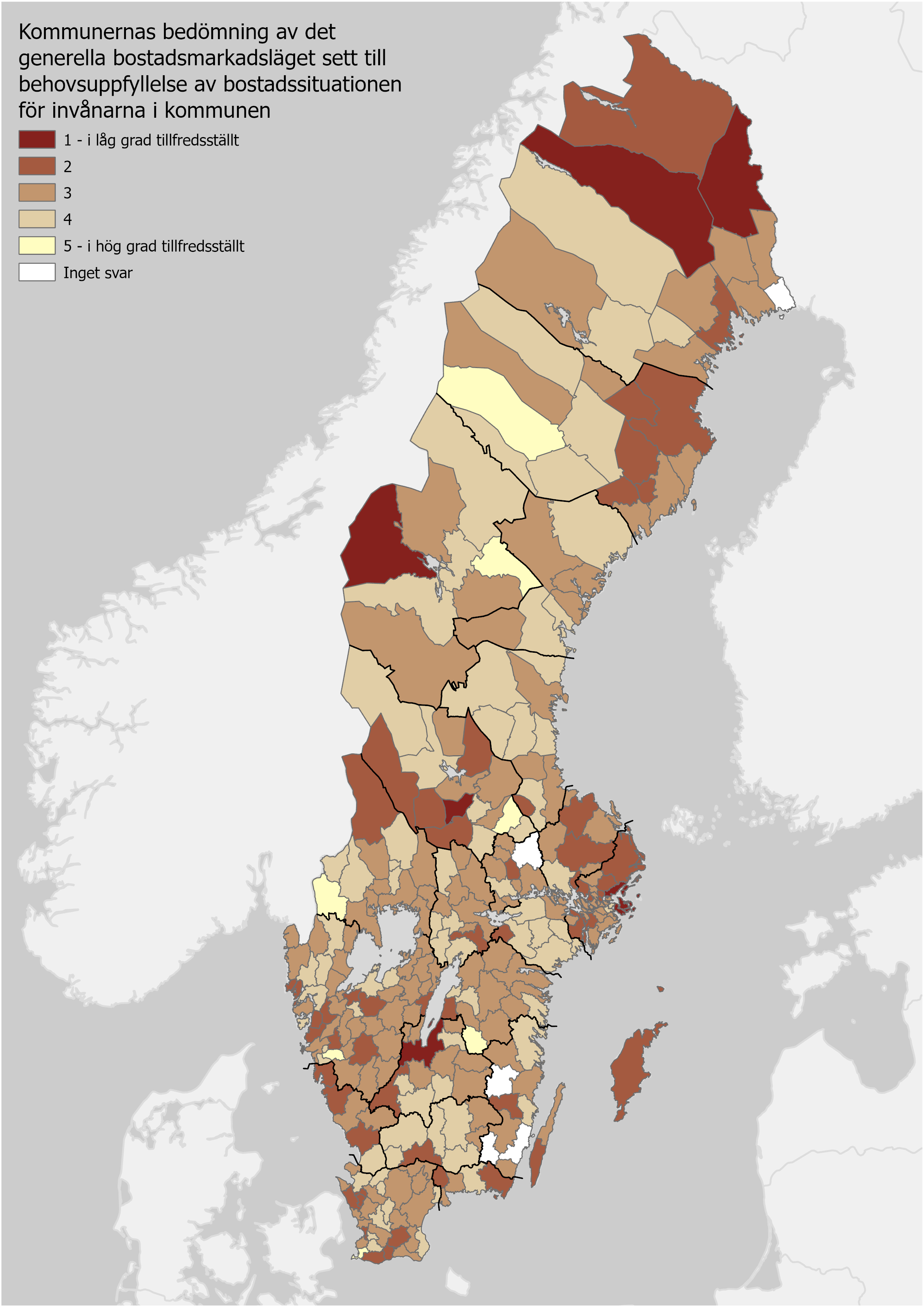 Sverigekarta med kommunernas bedömning av bostadsmarknaden. 