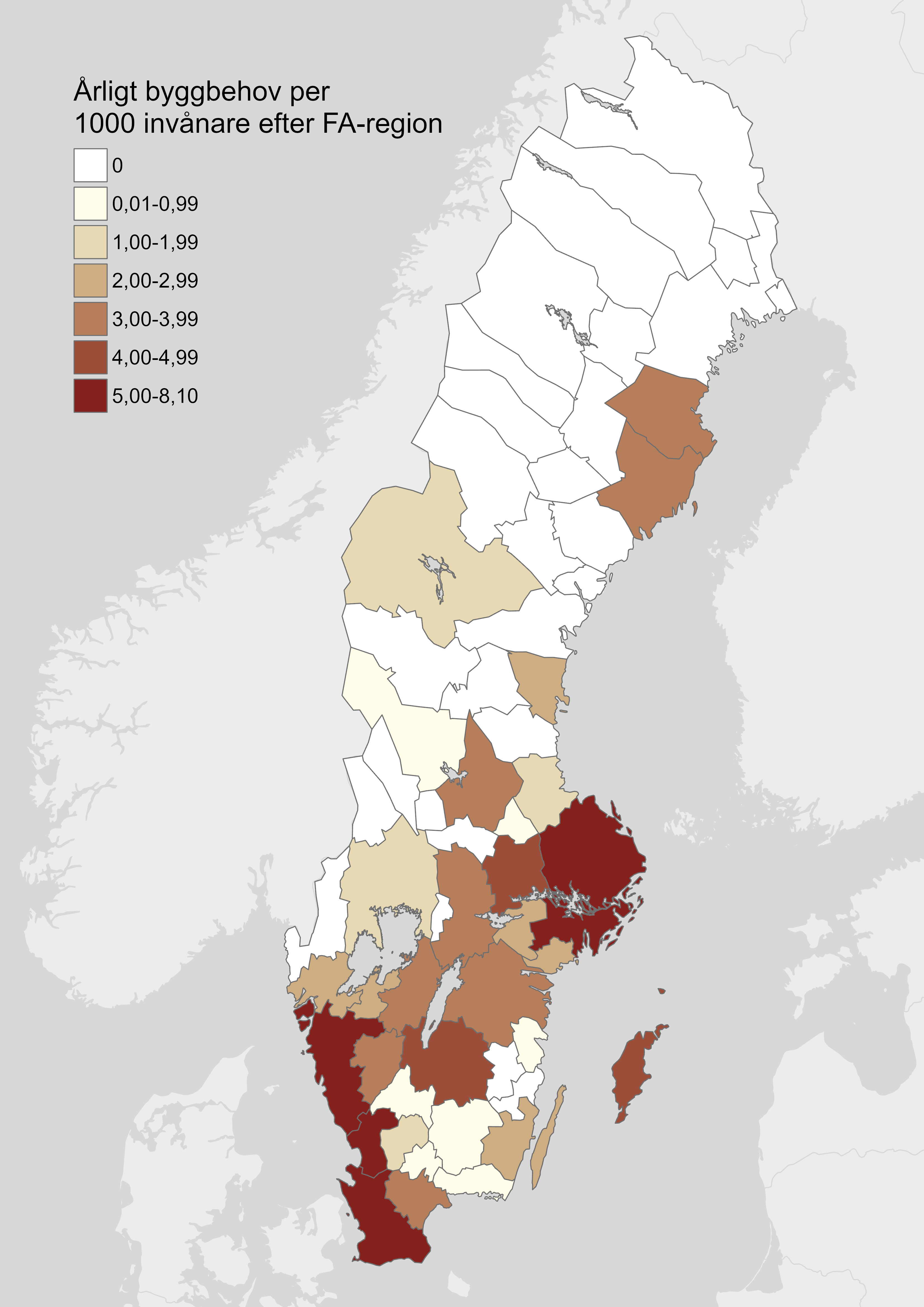 Sverigekarta med beräknat årligt byggbehov i FA-regioner.