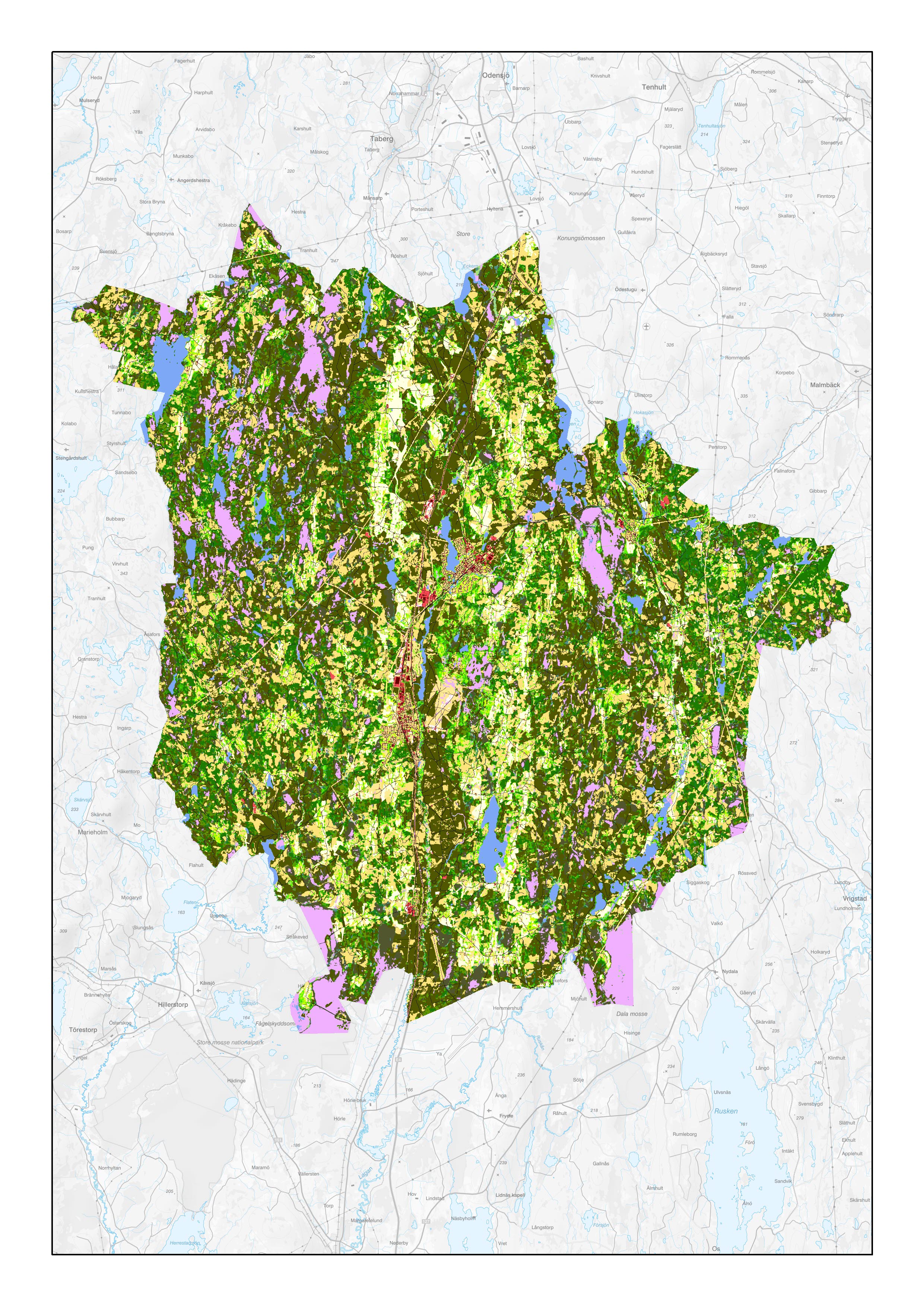 Karta över Vaggeryds kommuns olika vegetationstyper.