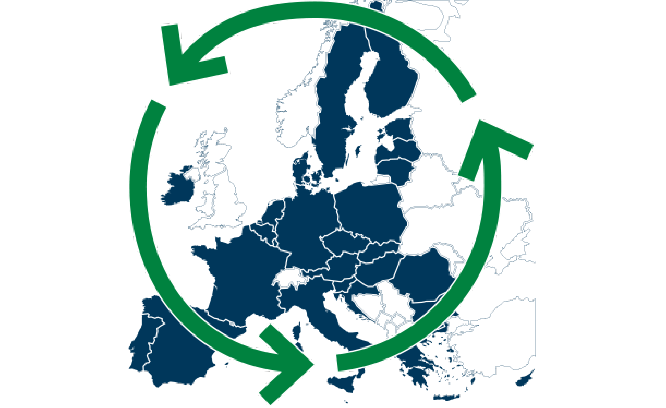 Illustration europakarta med en grön cirkel med pilar runtom.