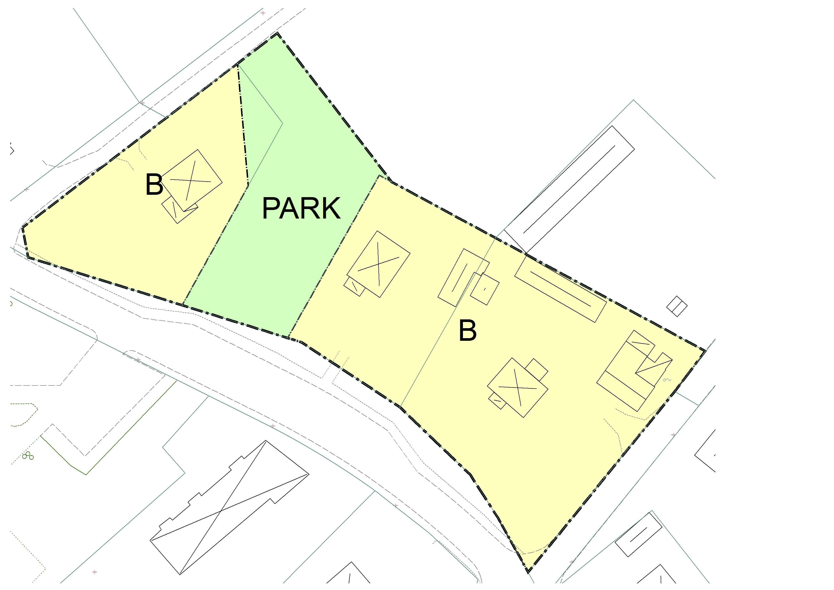 Illustration av en fastighet som ligger både på kvartsmark för bostadsändamål och på allmän plats, park. 