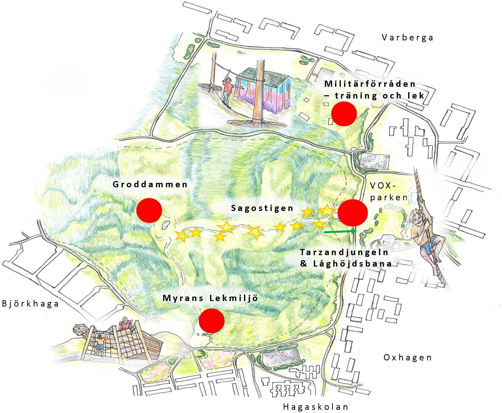 Karta över Varbergaskogen där de olika lekattraktionerna är utmärkta.