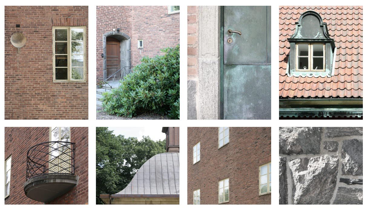 Collage av åtta fotografier som visar olika detaljer från husets exteriör, till exempel fönster och dörrar.