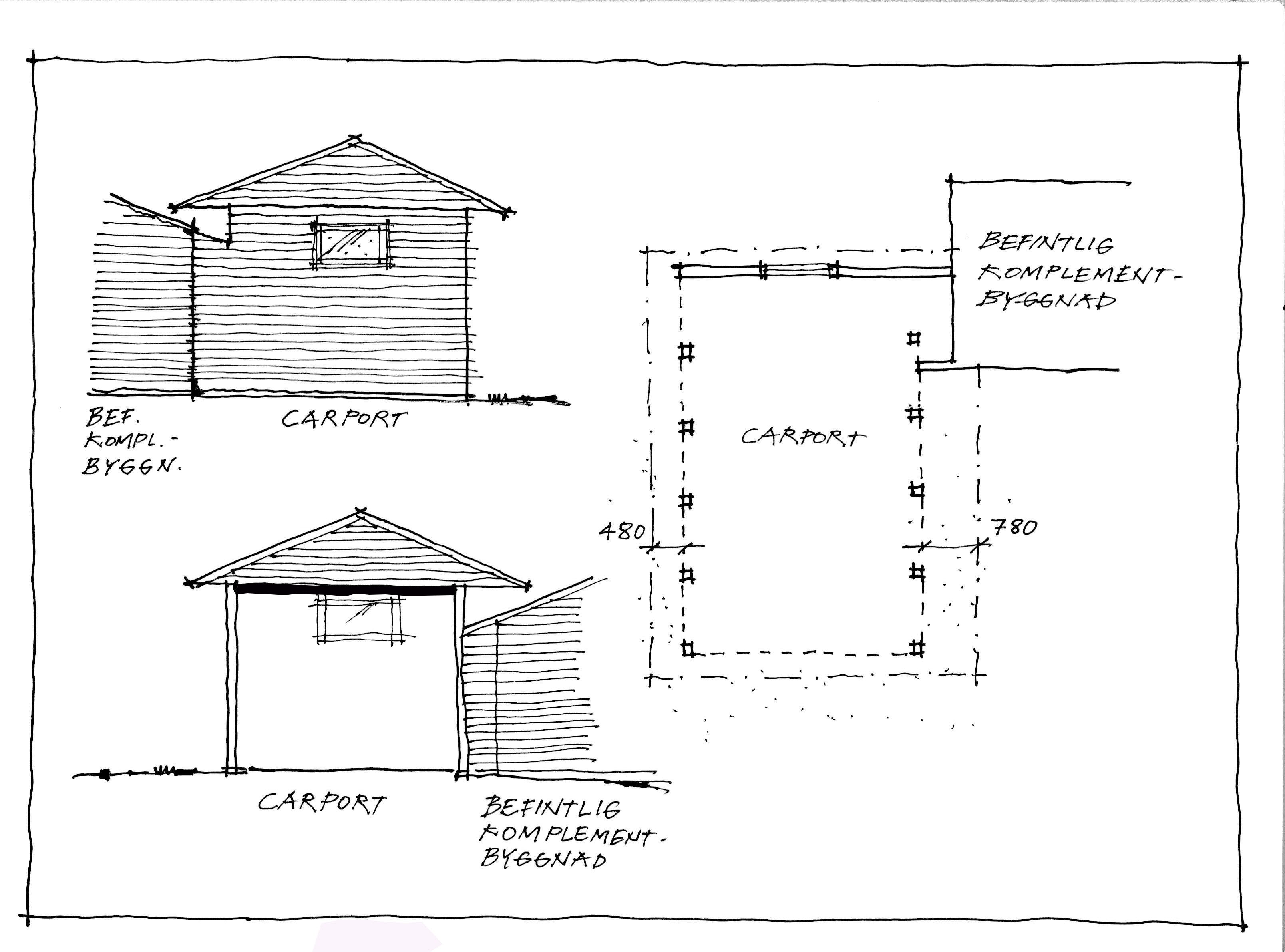 Illustration av en carport sammanbyggd med en annan byggnad