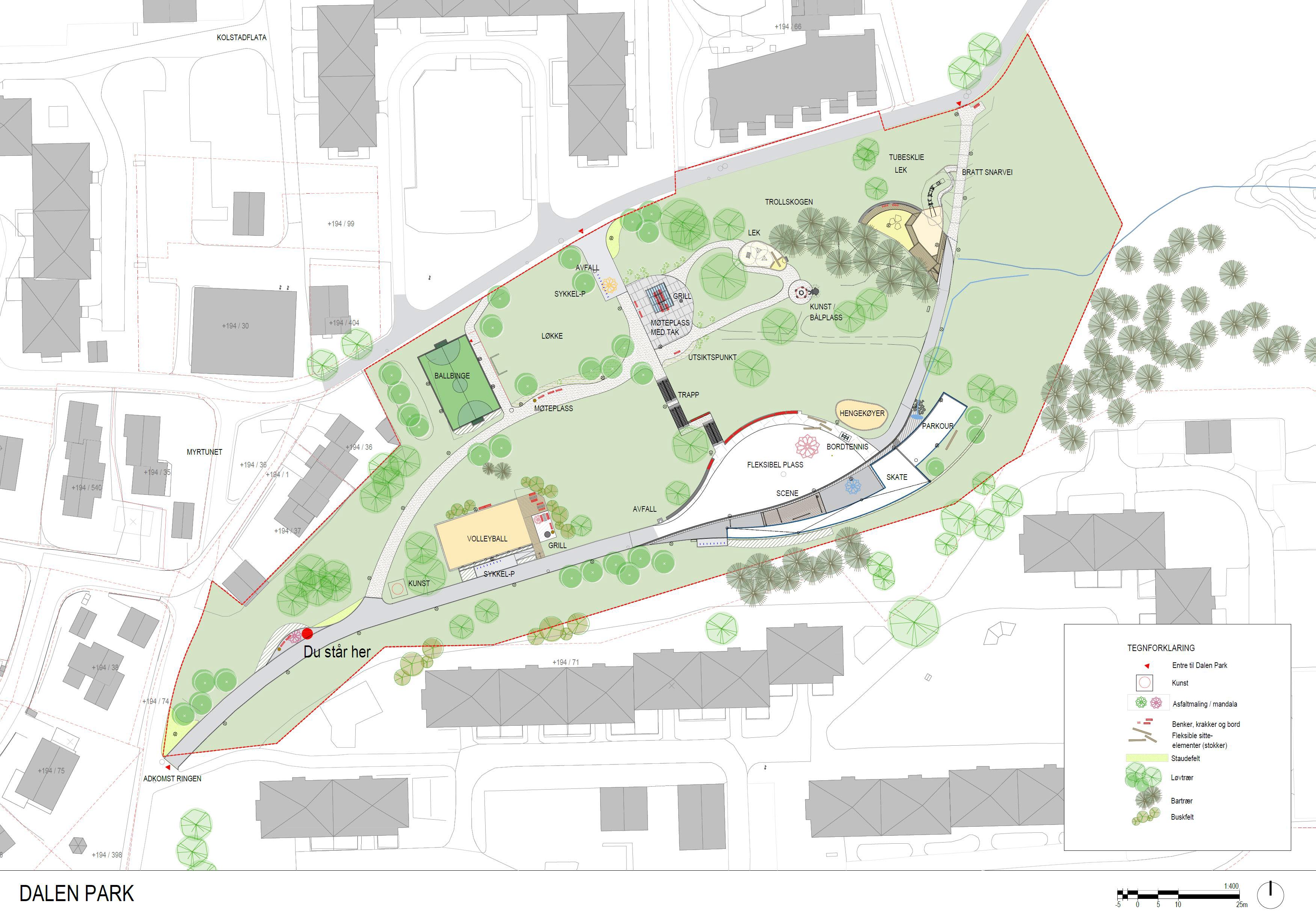 Planillustration som visar de olika platserna i parken samt var det är planterat barrträd, lövträd och buskar.