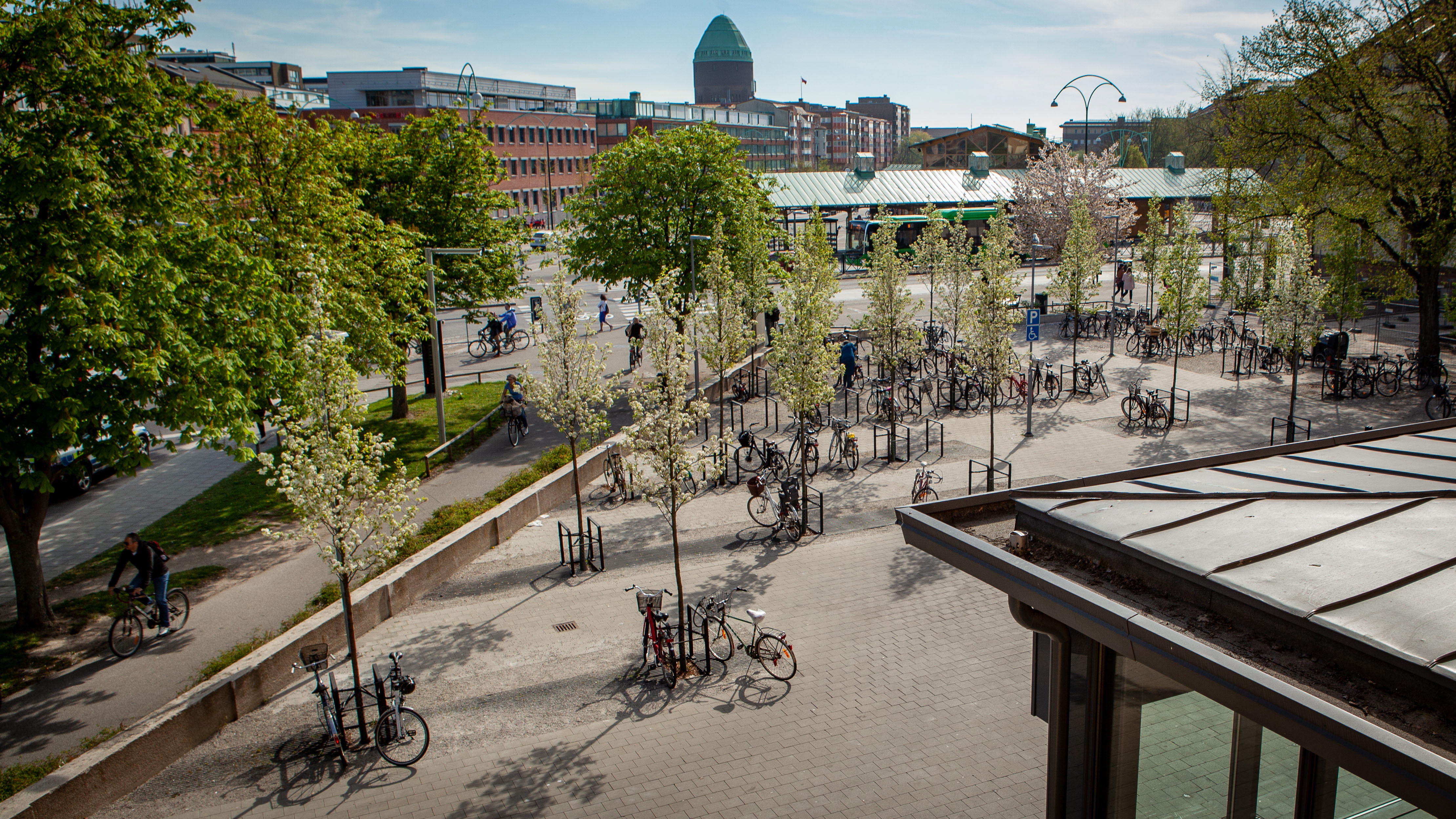 En cykelparkering med stenlagda ytor och nyplanterade träd.