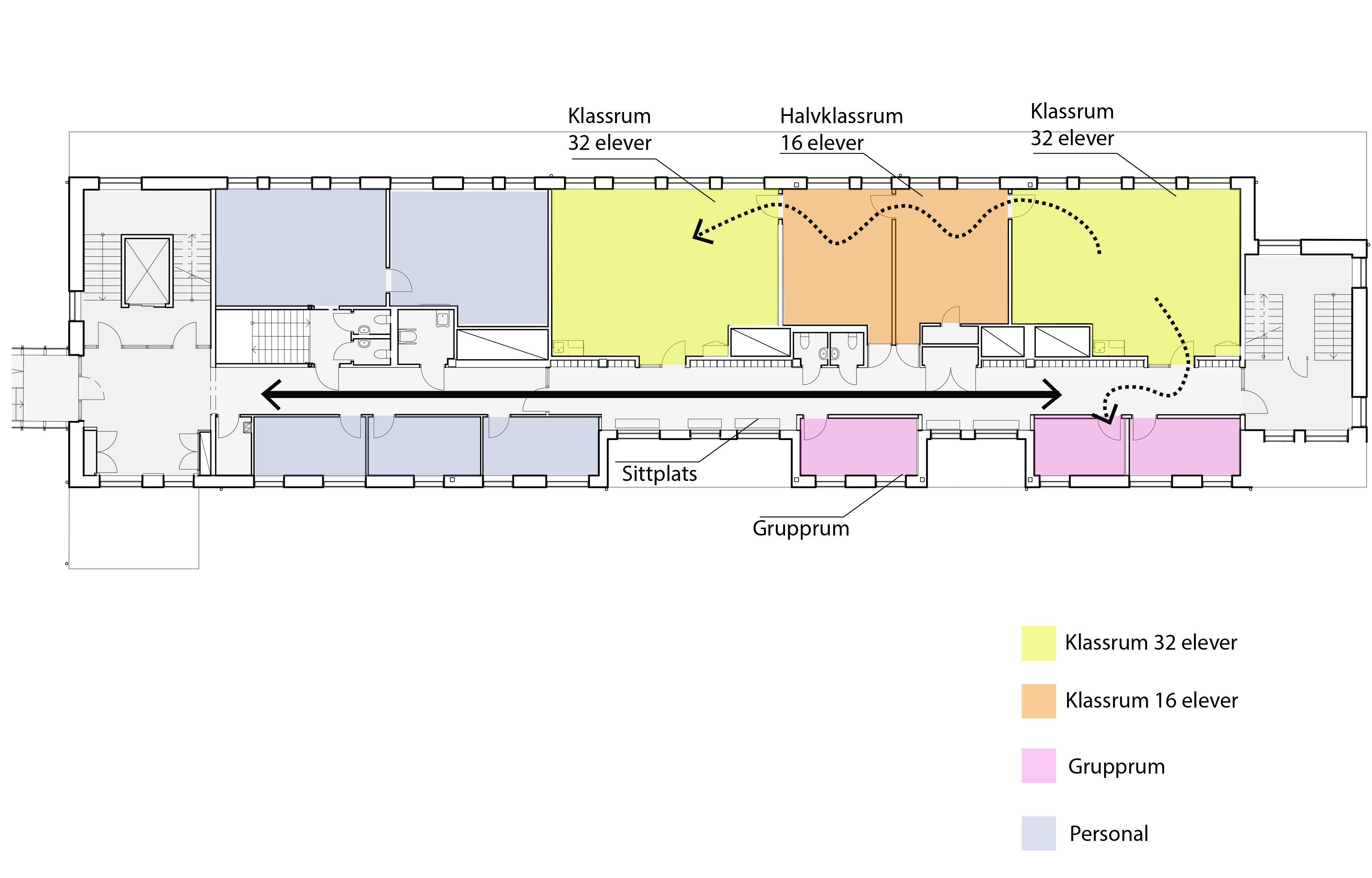 Ritning som visar klassrum och halvklassrum som kan nås antingen via en gemensam korridor eller genom dörrar mellan rummen.