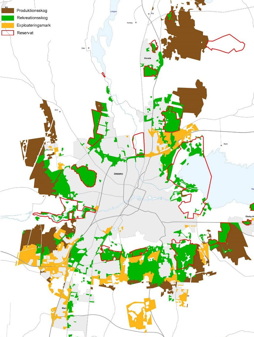 Kartillustration som visar skog, exploateringsmark och reservat.