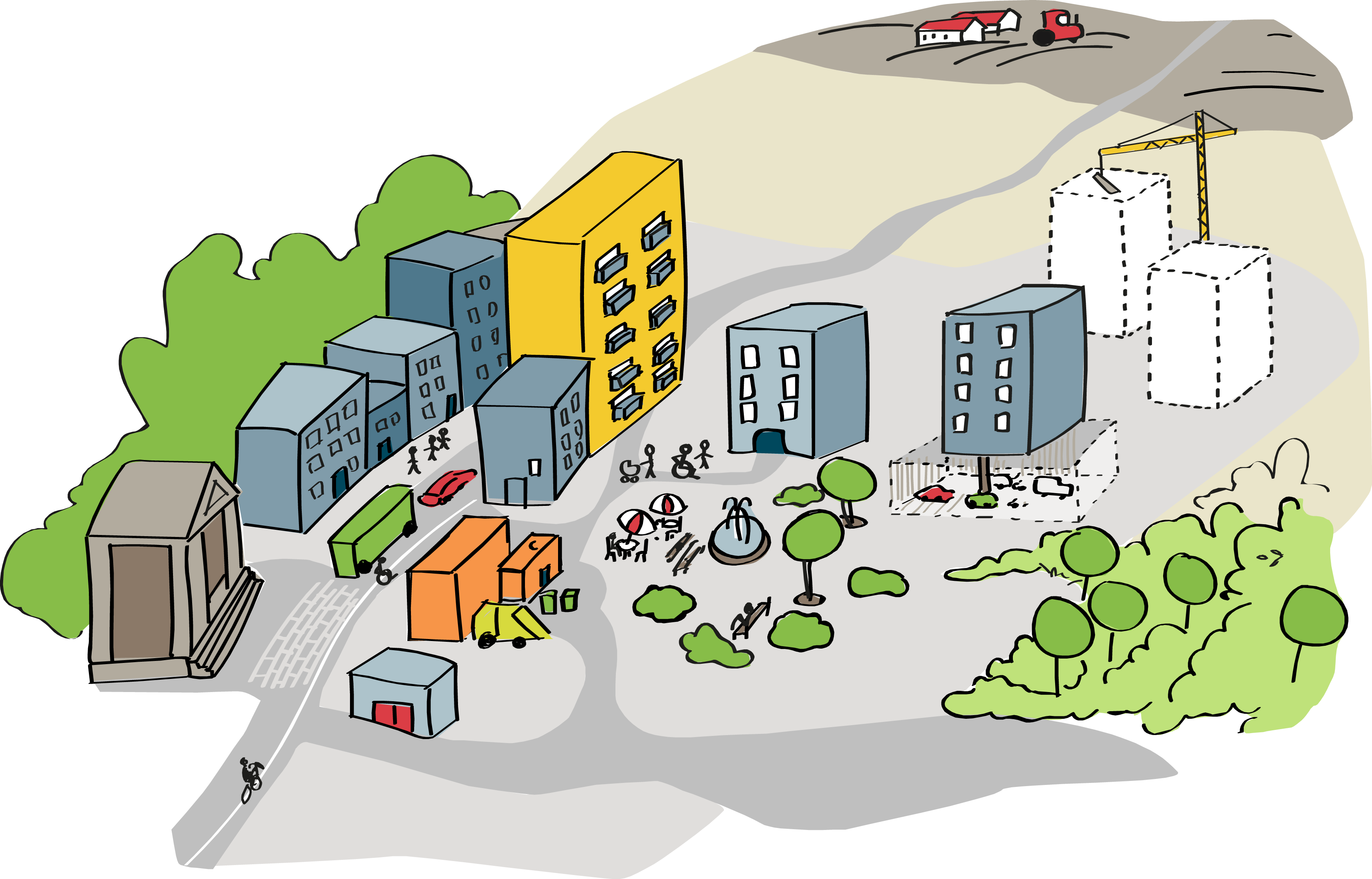 Illustration på en stad med olika typer av byggnader.
