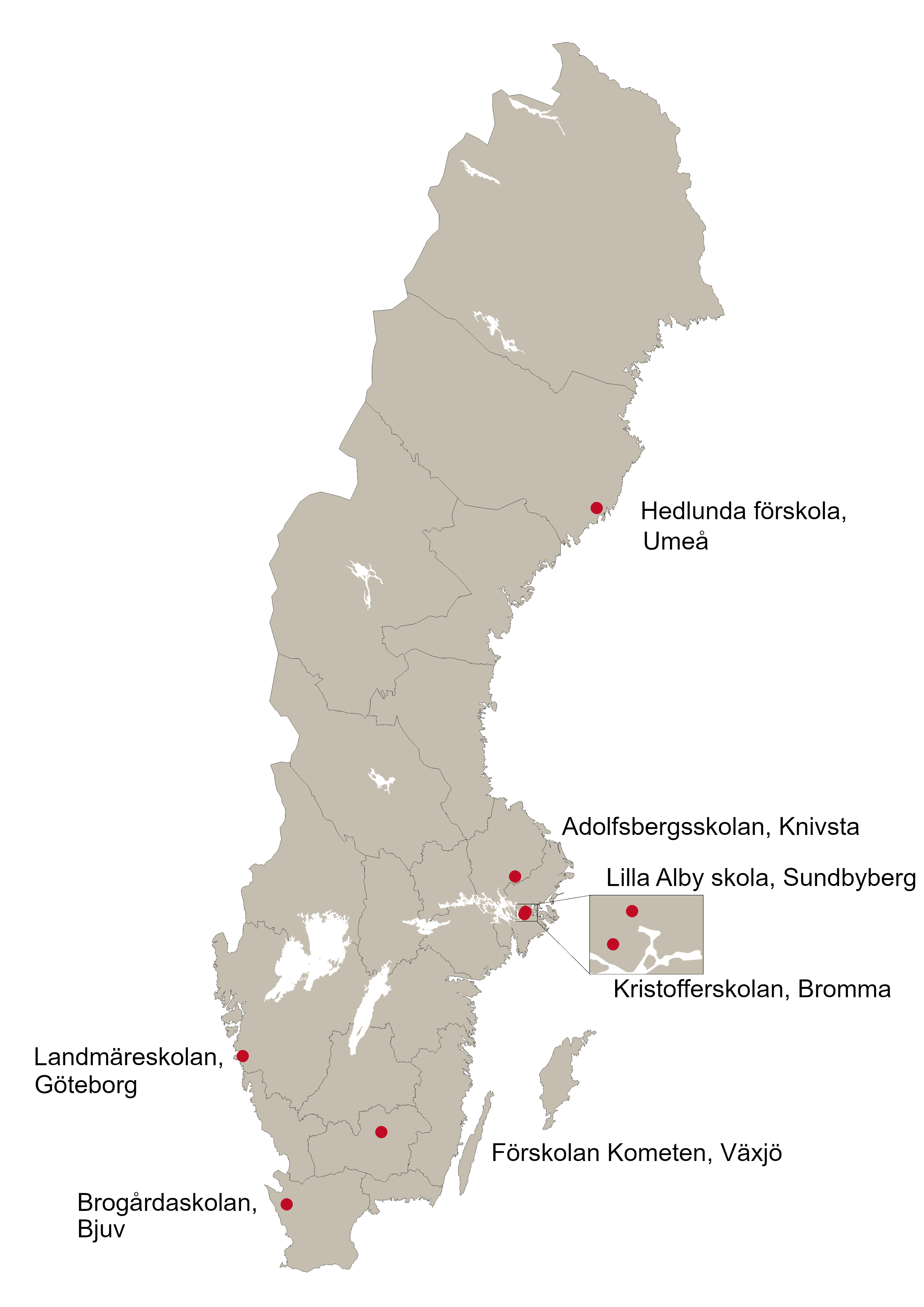 Karta som visar de olika exempelskolornas plats i Sverige.