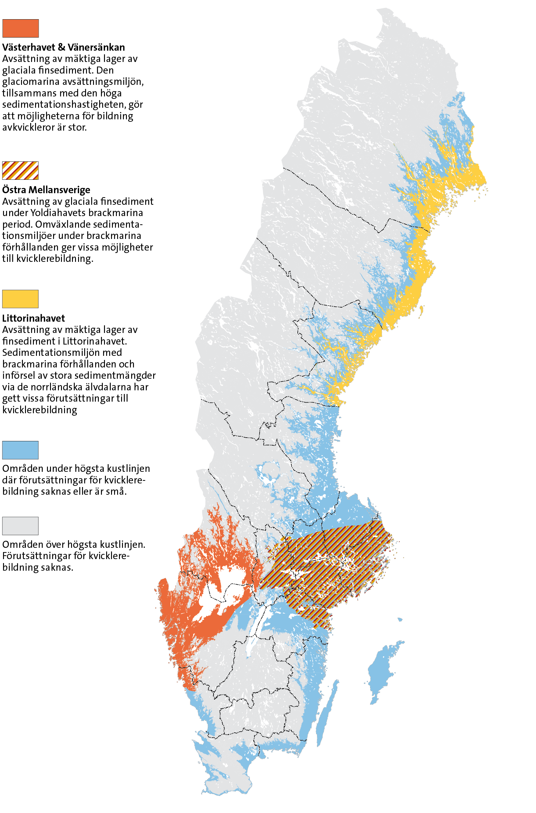 Sverigekarta med fyra regioner inlagda där det finns förutsättningar för kvicklera.