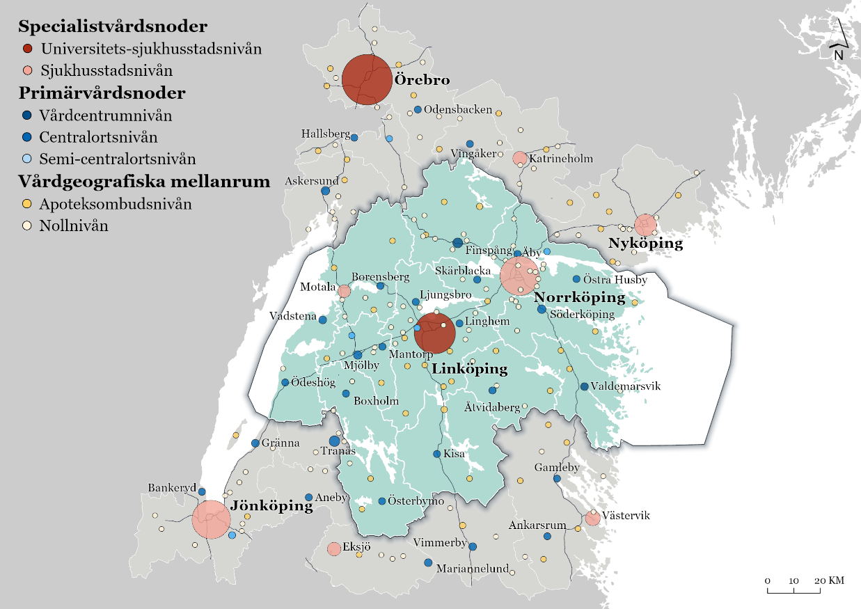 Karta över Region Östergötland som visar var det finns noder för specialistvård, primärvård och vårdgeografiska mellanrum. 