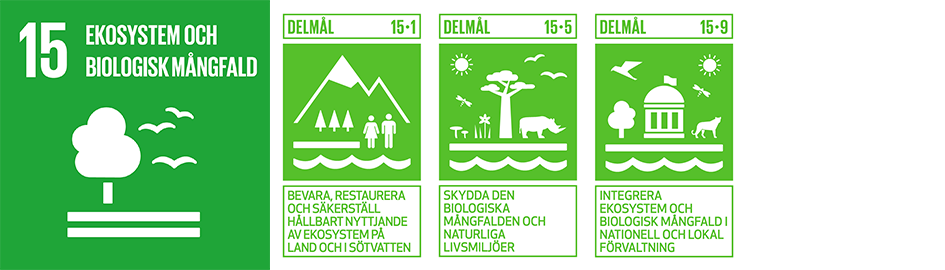 Symboler för globala målen: 15, 15.1, 15.5 och 15.9.