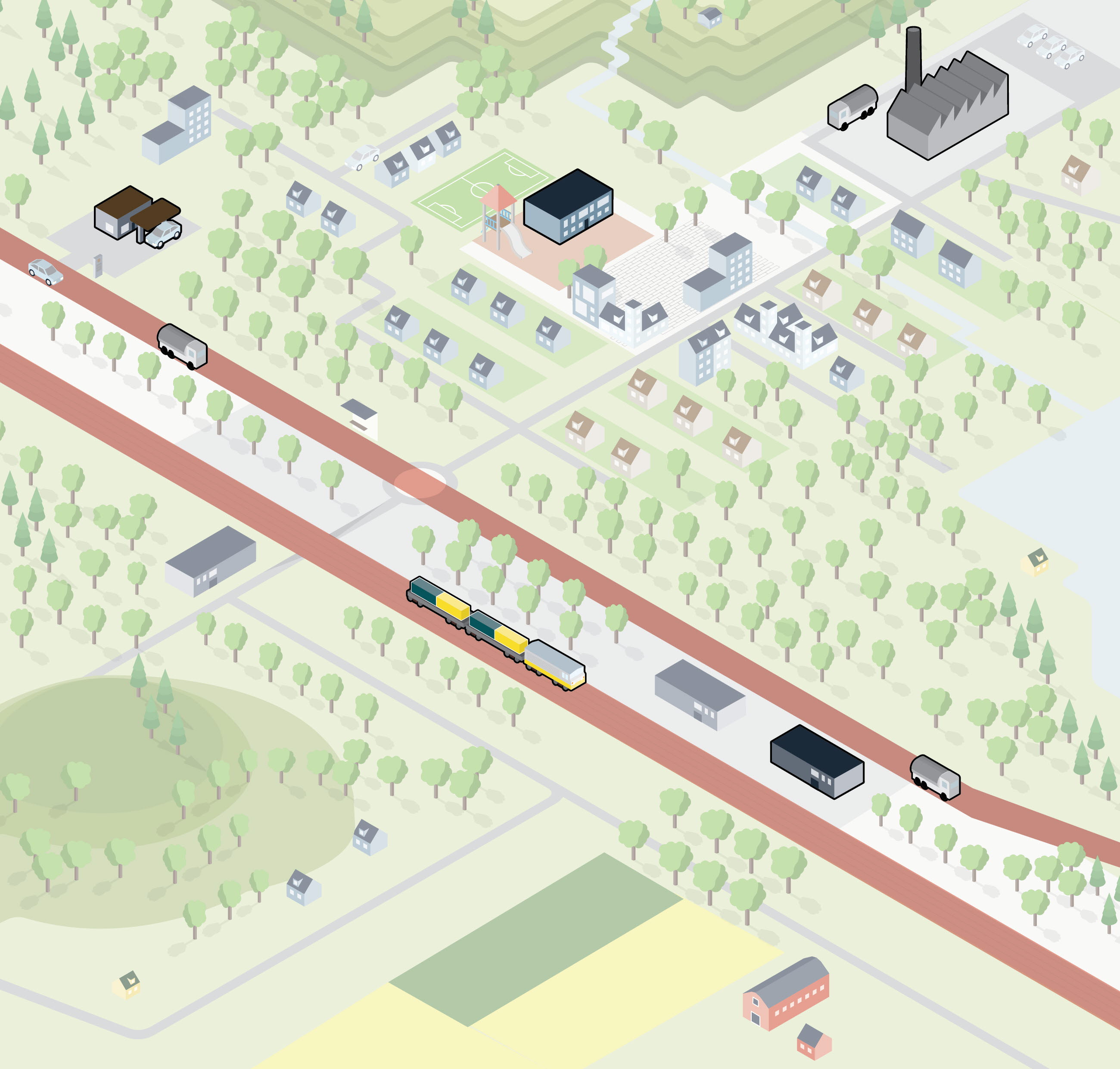 Illustration som visar ett lantbruk, en industri, en skola, några villor och ett par vägar med lastbil och tankbil.