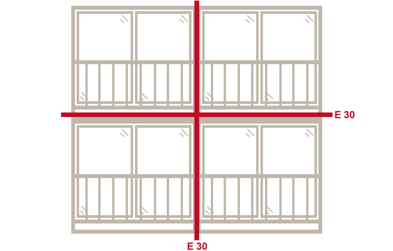 Illustrationen visar brandteknisk avskiljning i klass E 30 mellan inglasade balkonger.