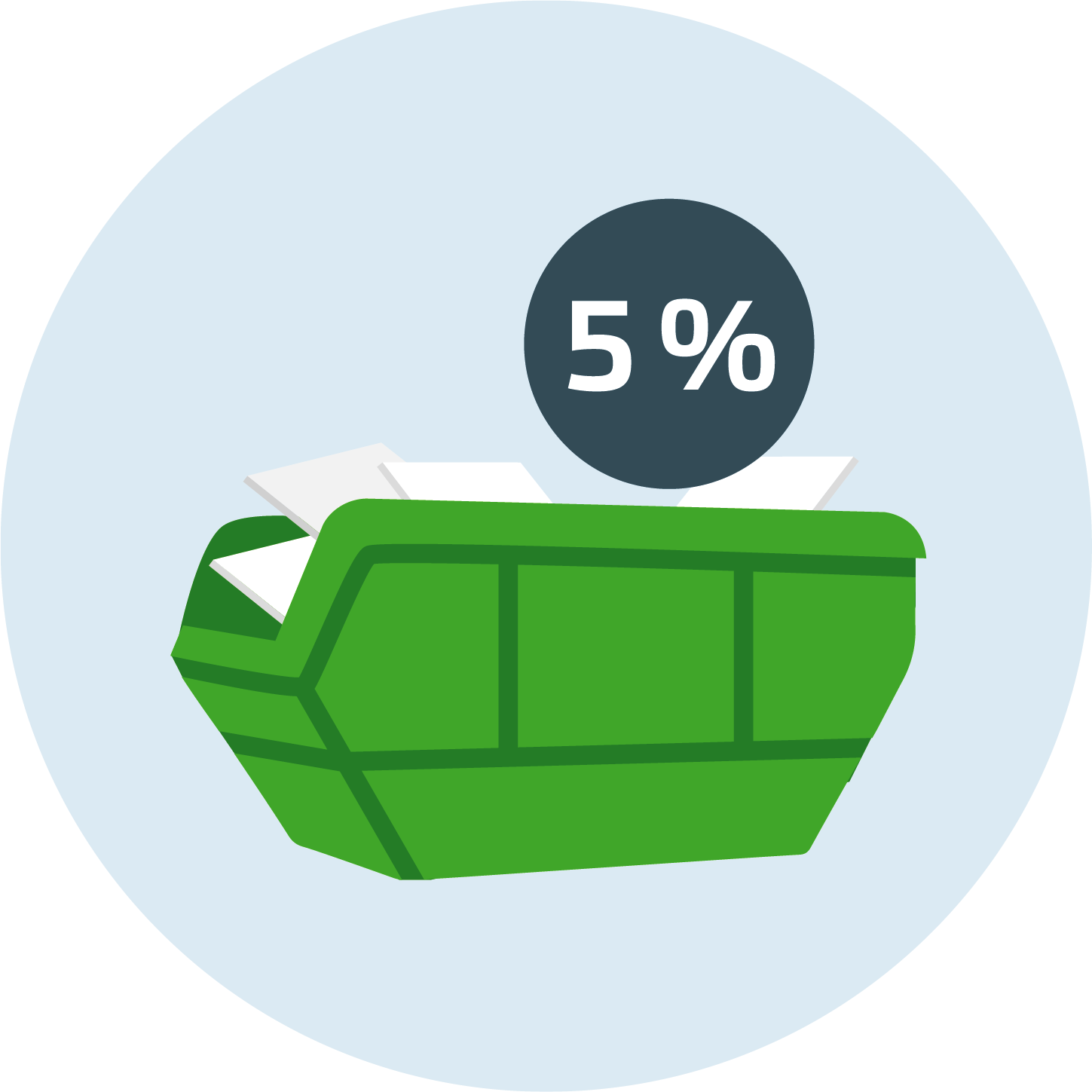 Grön container med gipsskivor i. 5% i cirkel ovanför.