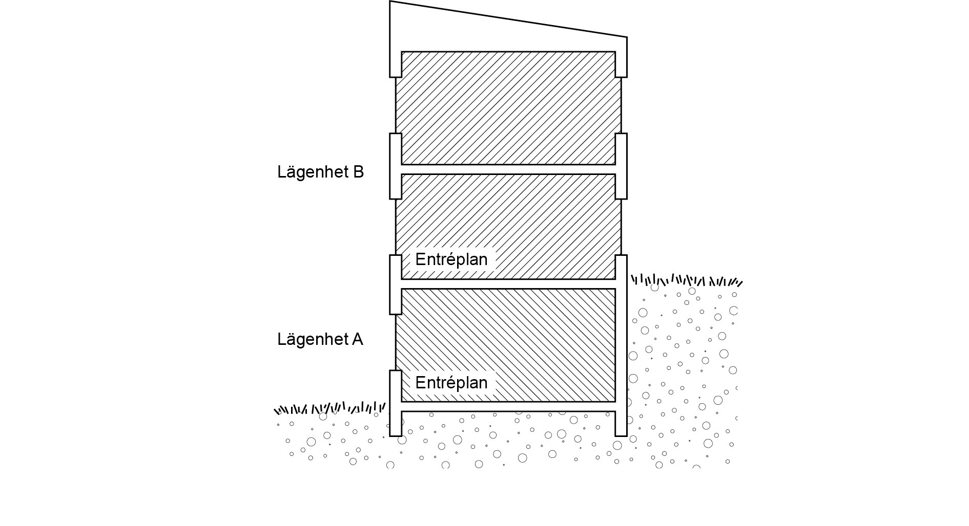 Illustration av byggnad med två entréplan. 