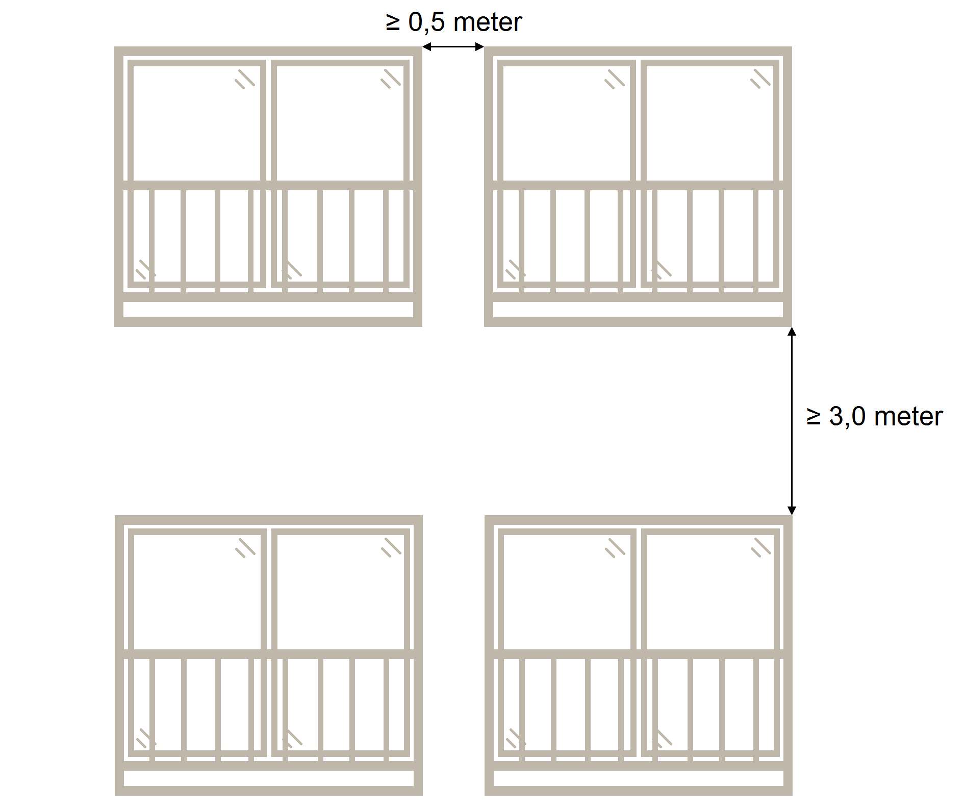 Illustrationen visar inglasade balkonger som inte kräver brandteknisk inglasning.