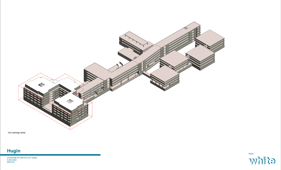 Illustration över en byggnad med stor utbredning i längd och bredd.