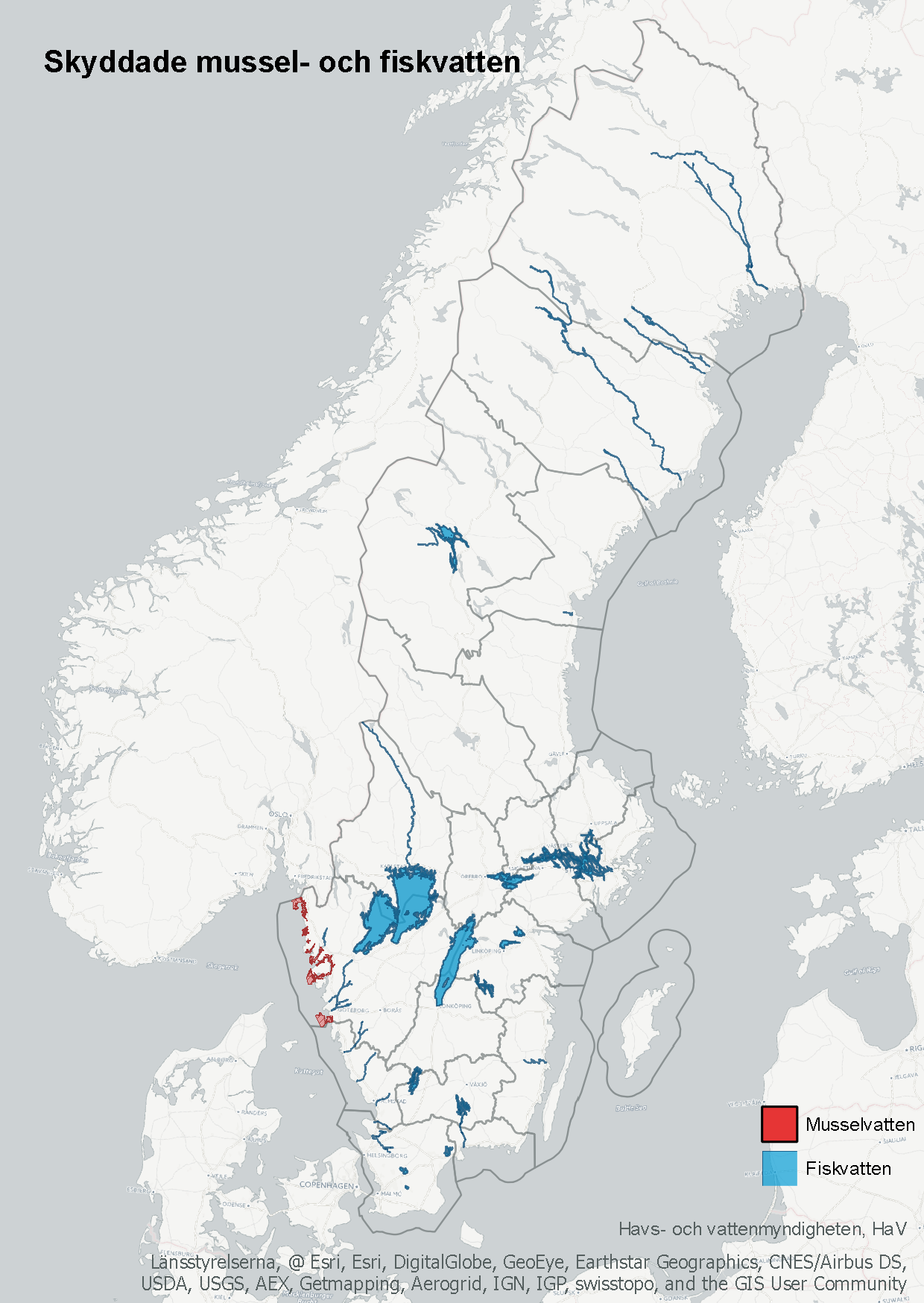 Sverigekarta med röda markeringar för musselvatten och blå för fiskvatten.