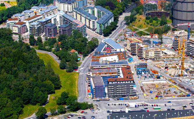 Översiktsbild över stad med hus och gator