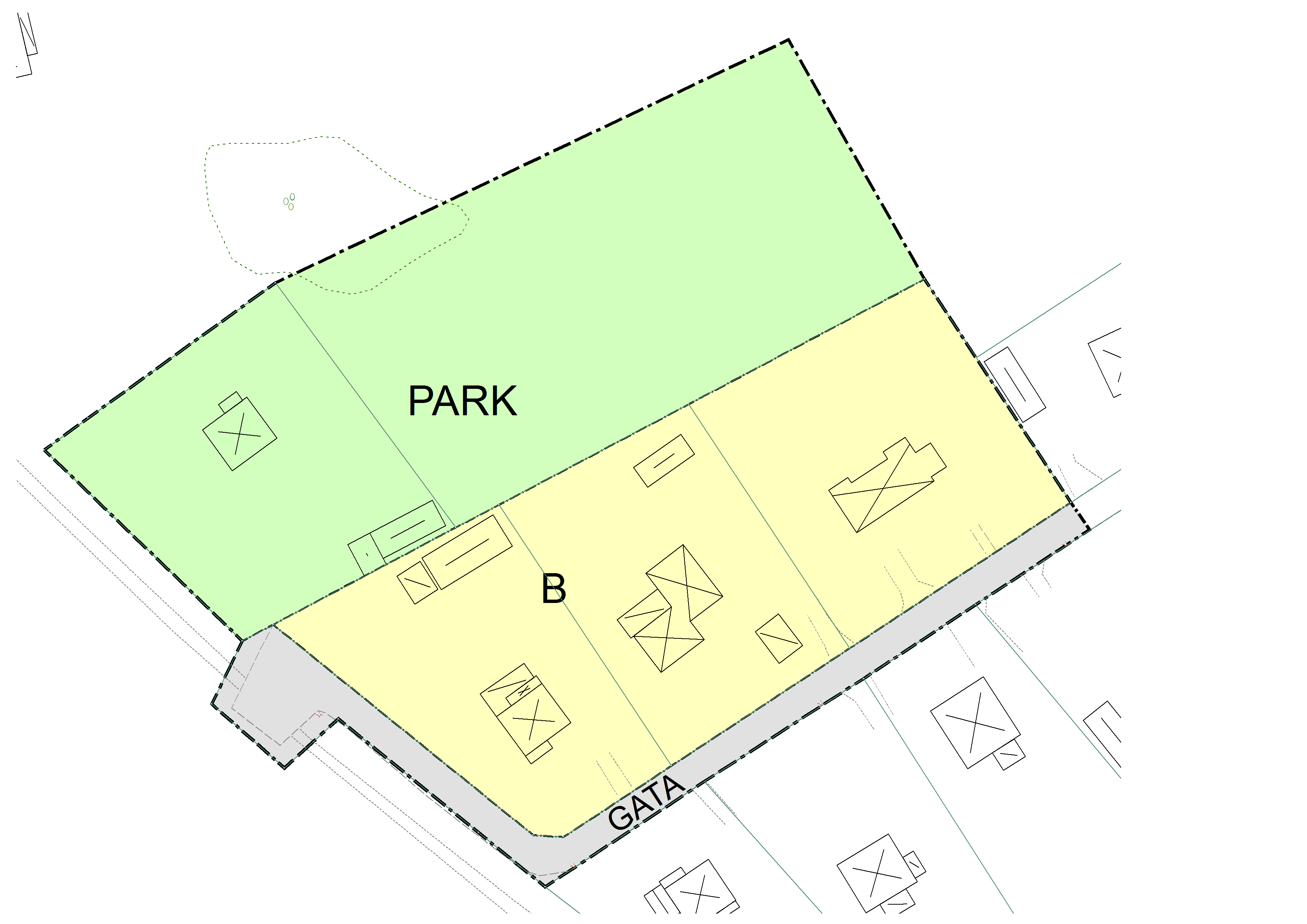 Illustration som visar en fastighet som ligger helt på allmän plats, park, och därför inte är någon tomt enligt PBL.