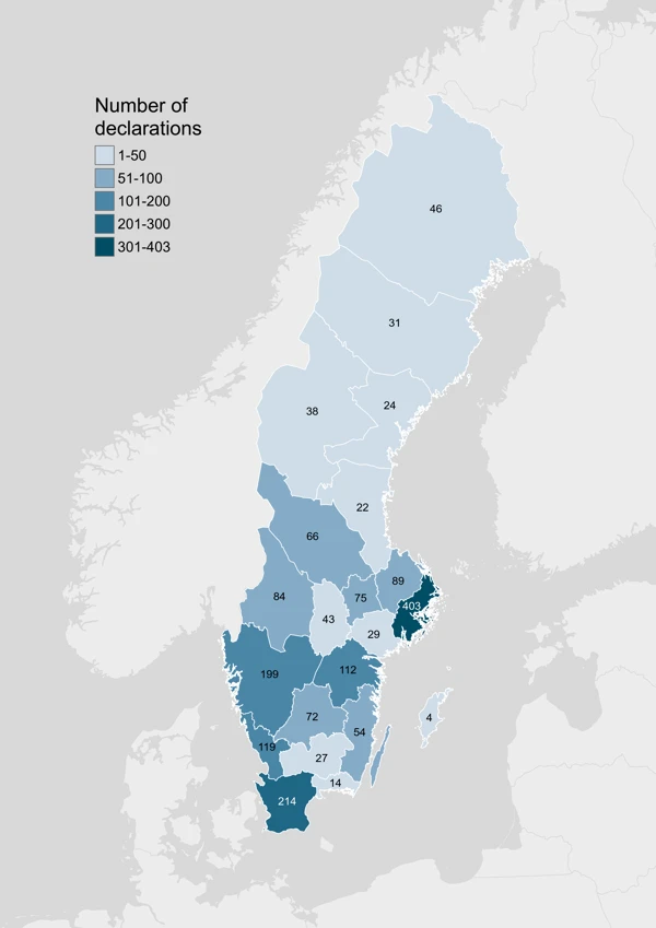 Map of Sweden with colors. The numbers presents in the faktaruta below.