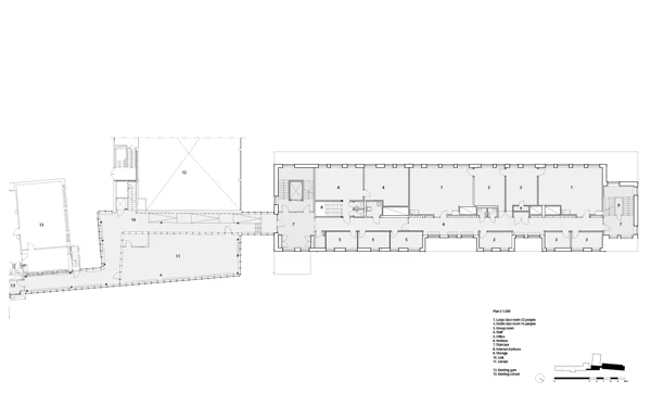 Arkitektritning över en del av skolan.